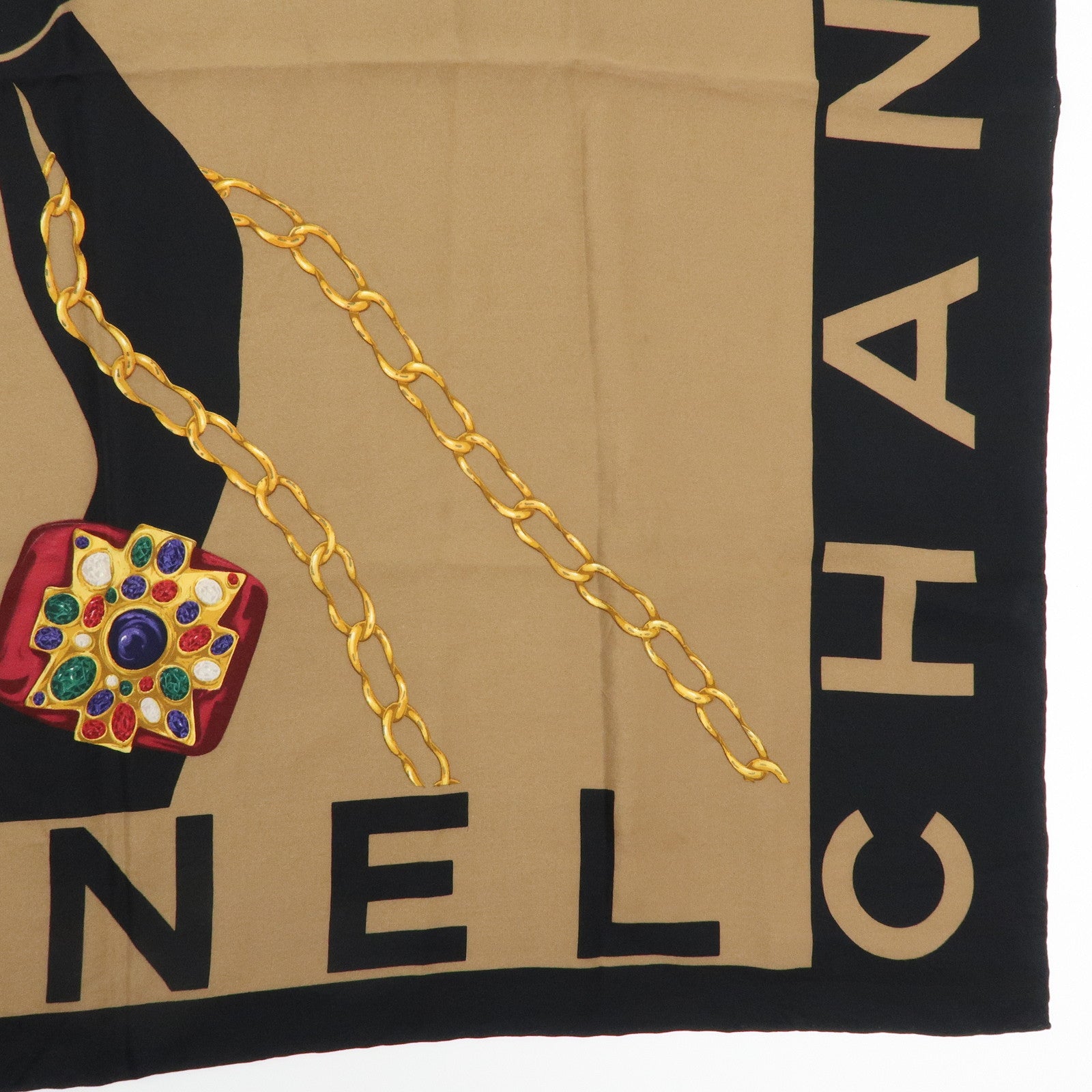 CHANEL Silk 100% Scarf  Pearl Jewelry Brown Black Gold Multicolor