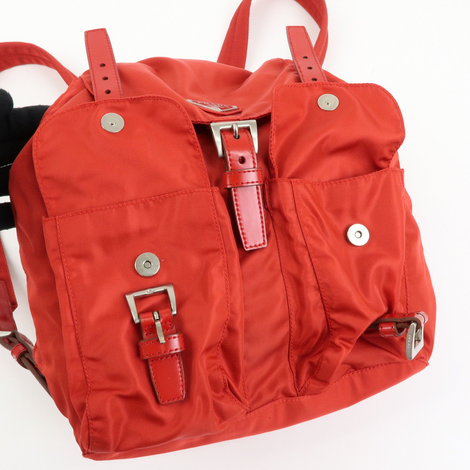 PRADA Triangle Logo Nylon Leather Backpack Rucksuck Red