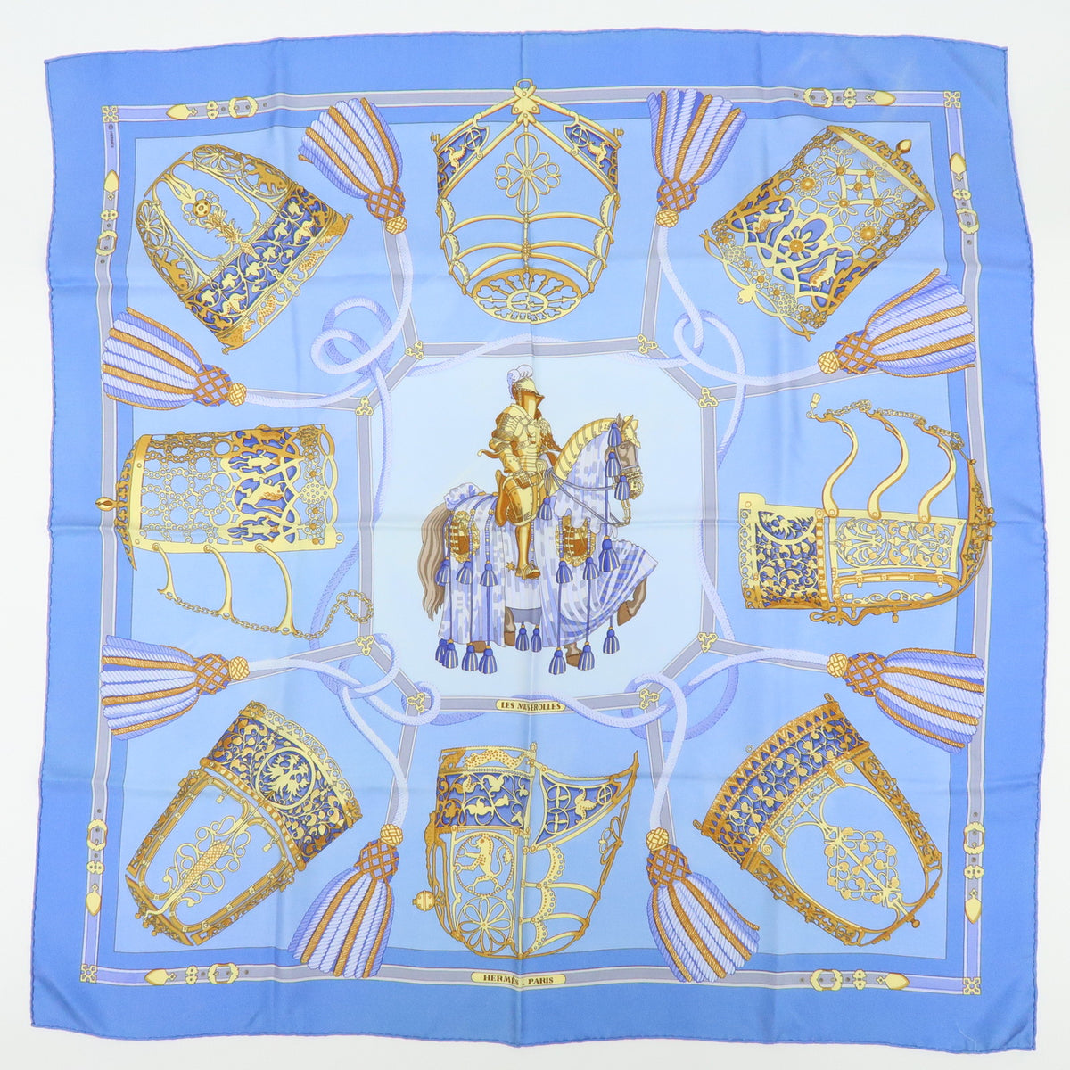 HERMES Carre 90 Lot of 3 Silk 100% Scarf Navy Light Blue Gold