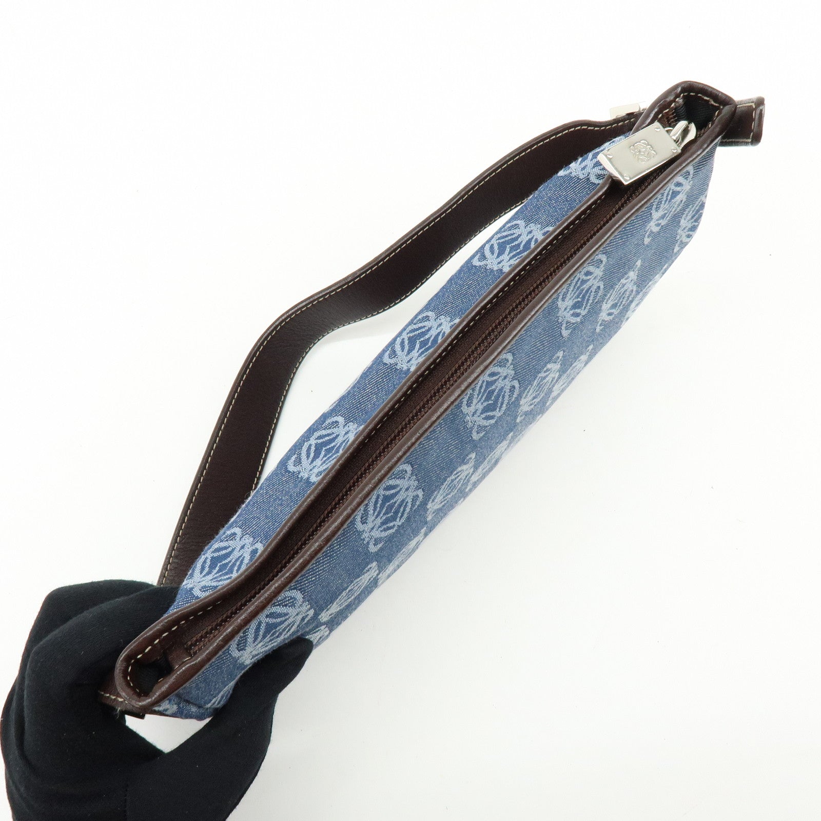 LOEWE Repeat Anagram Denim Leather Shoulder Bag Denim Brown