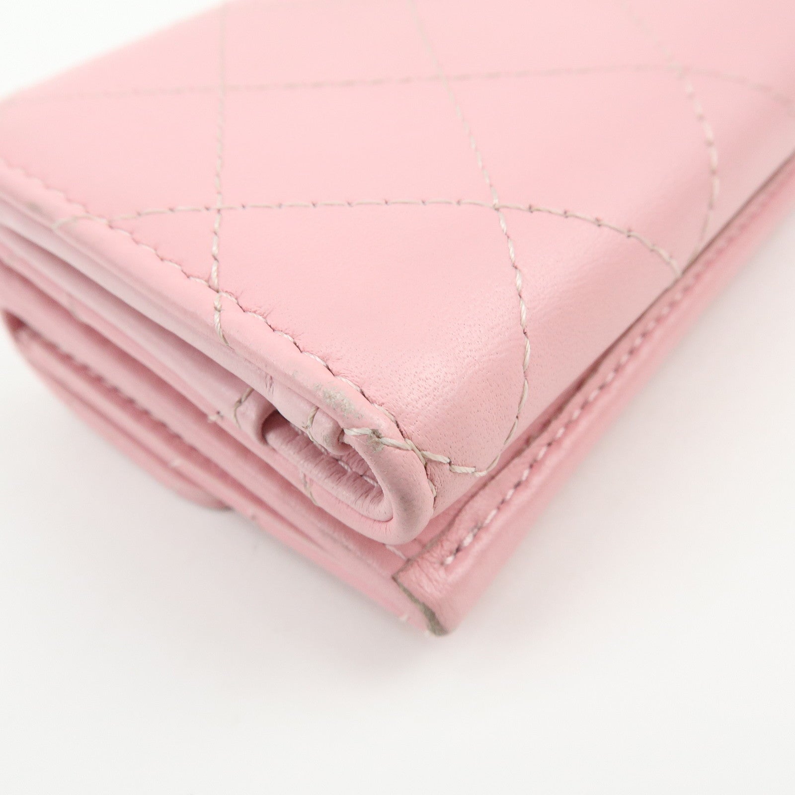 CHANEL COCO Mark Wild Stitch Calf Skin Tri-Fold Compact Wallet Pink