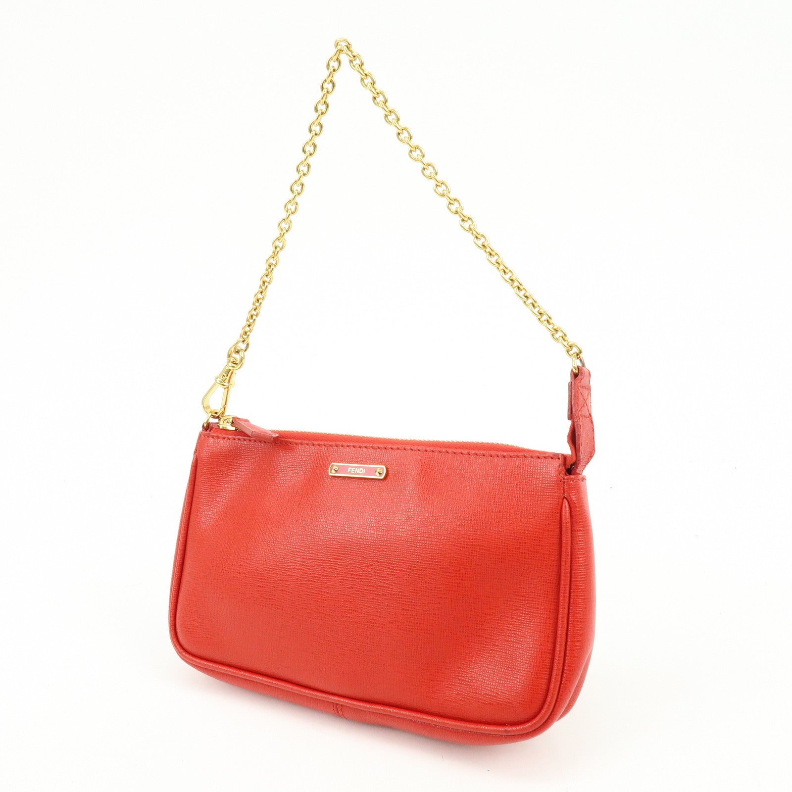 FENDI Embossed Leather Chain Accessary Pouch Hand Bag Red 8M0271