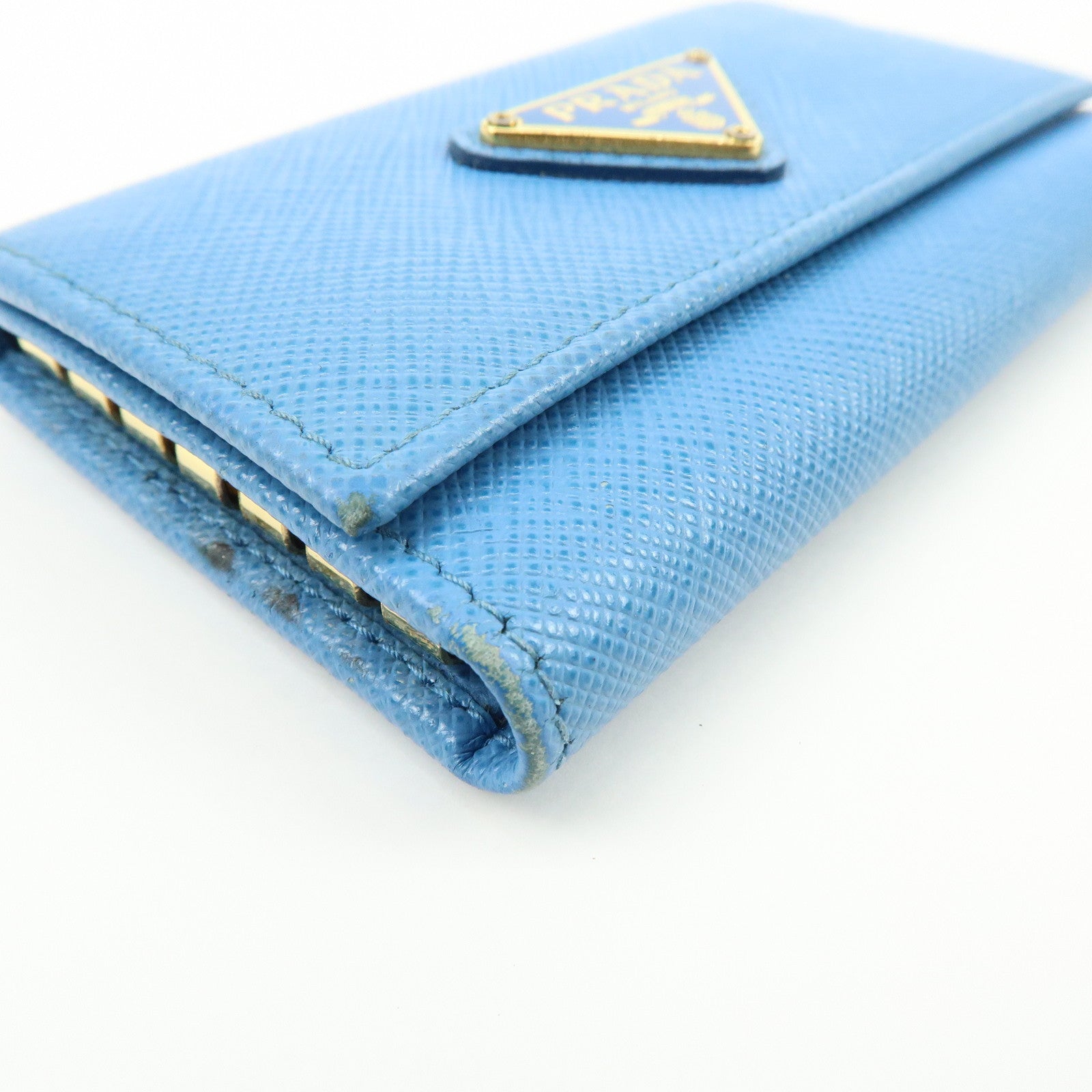 PRADA Triangle Log Saffiano Leather Key Case Key Holder Blue
