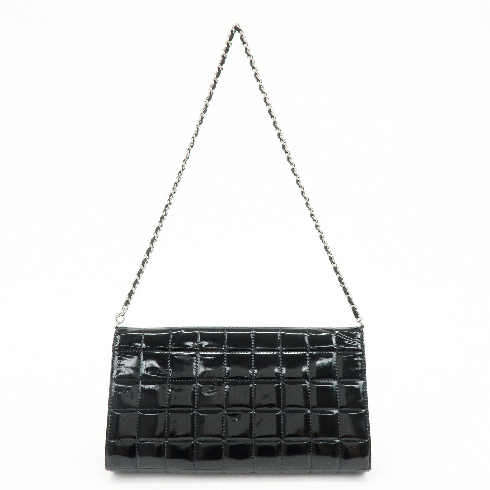 CHANEL Chocolate Bar COCO Mark Patent Leather Shoulder Bag Black Silver