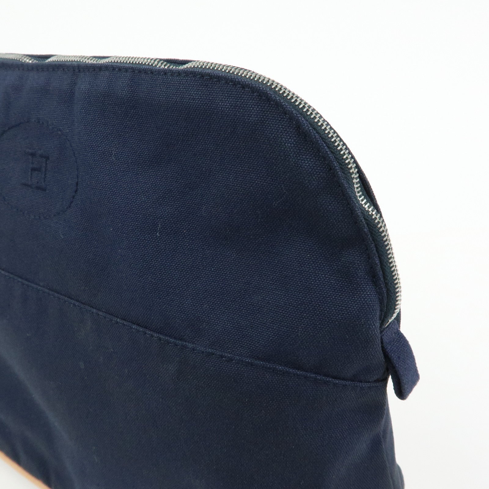 HERMES Bolide Pouch GM Cotton Leather Cosmetic Pouch Navy