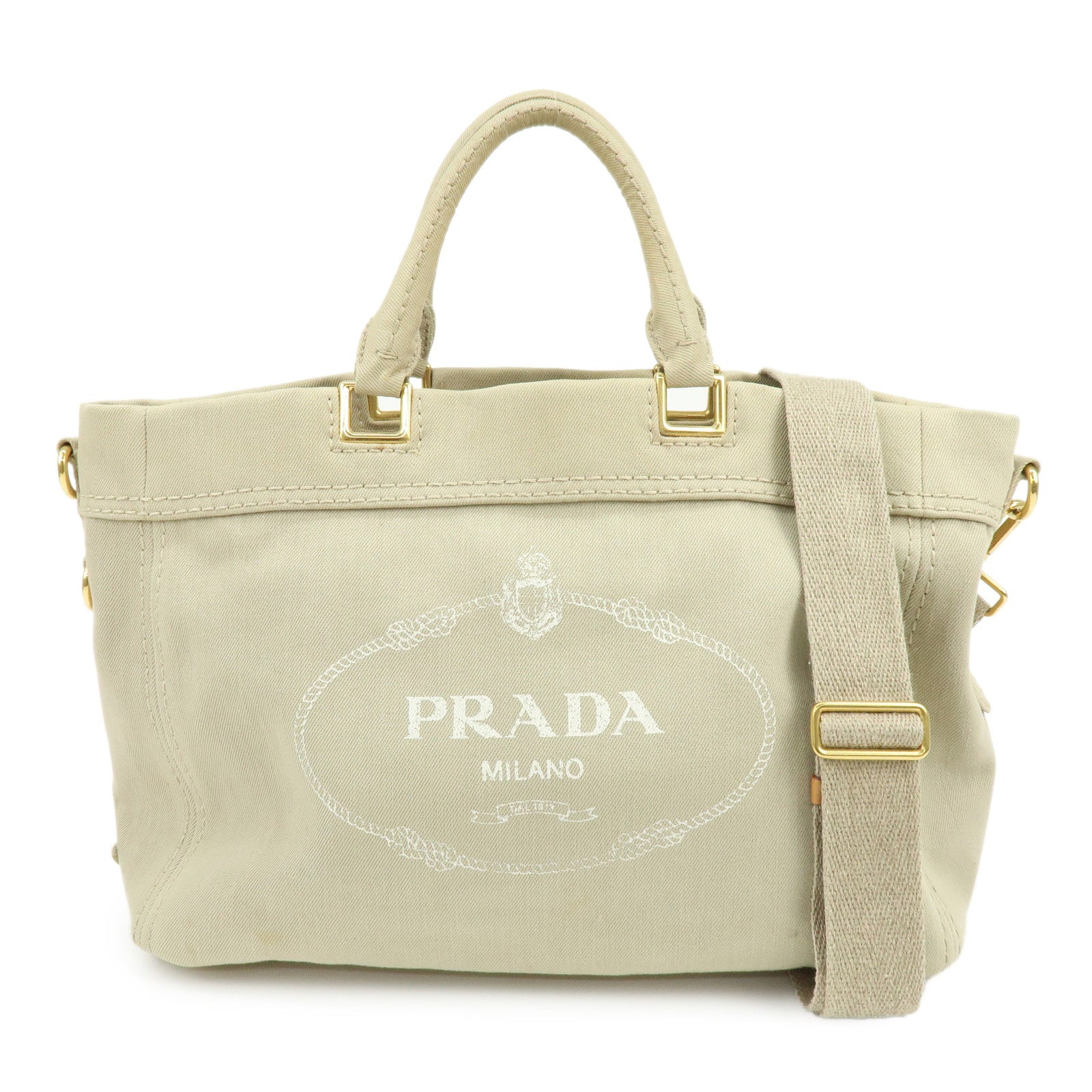 PRADA Triangle Logo Canvas 2Way Bag Tote Shoulder Bag Beige BN2069