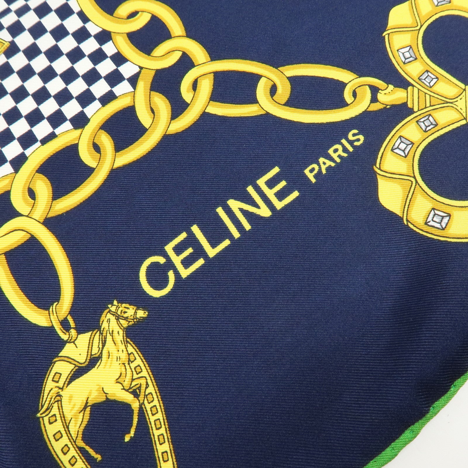 CELINE Set of 2 Silk Cotton Handkerchief Scarf Chain Motif Black Gold