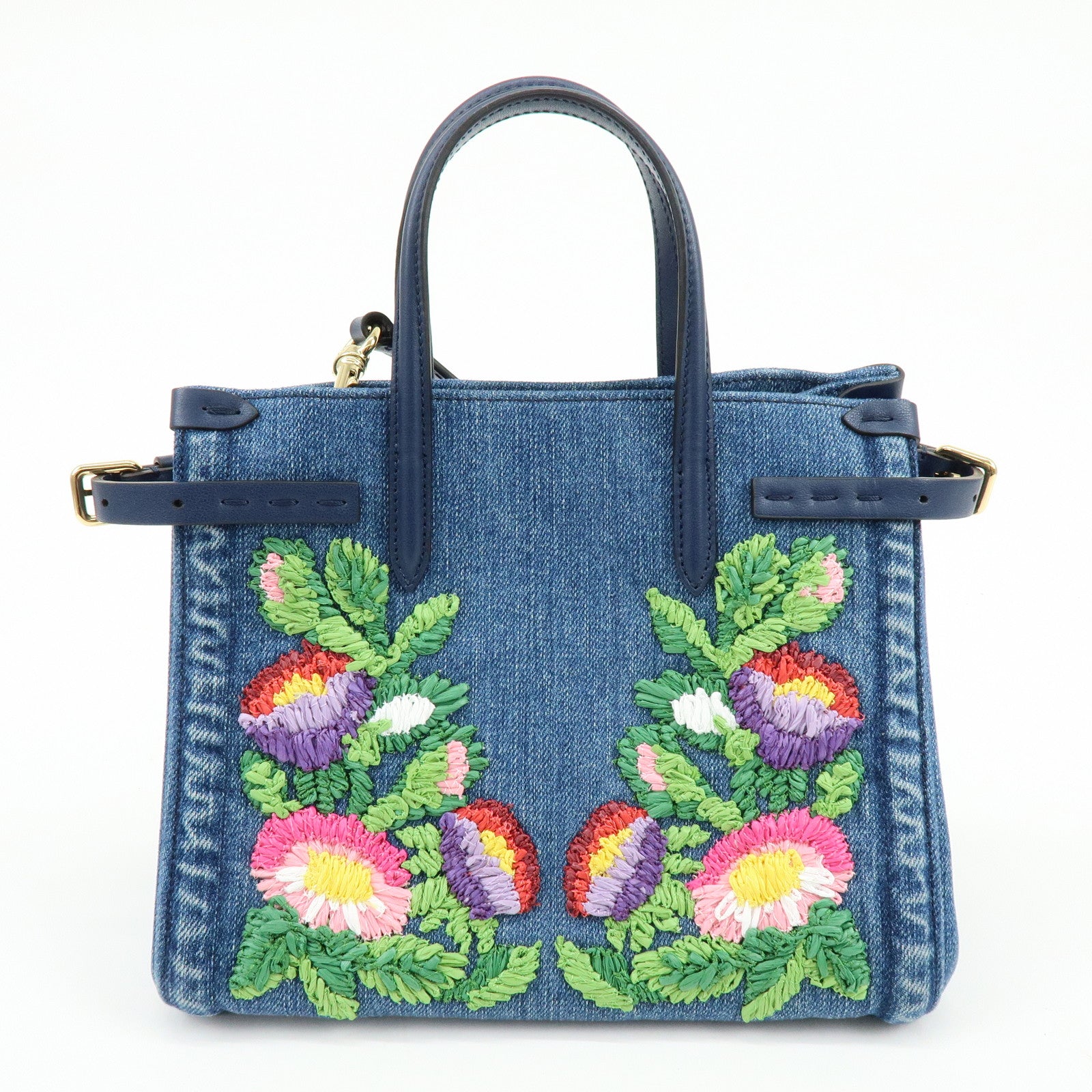 VALENTINO Denim Leather 2Way Hand Shoulder Bag Flower Embroidered