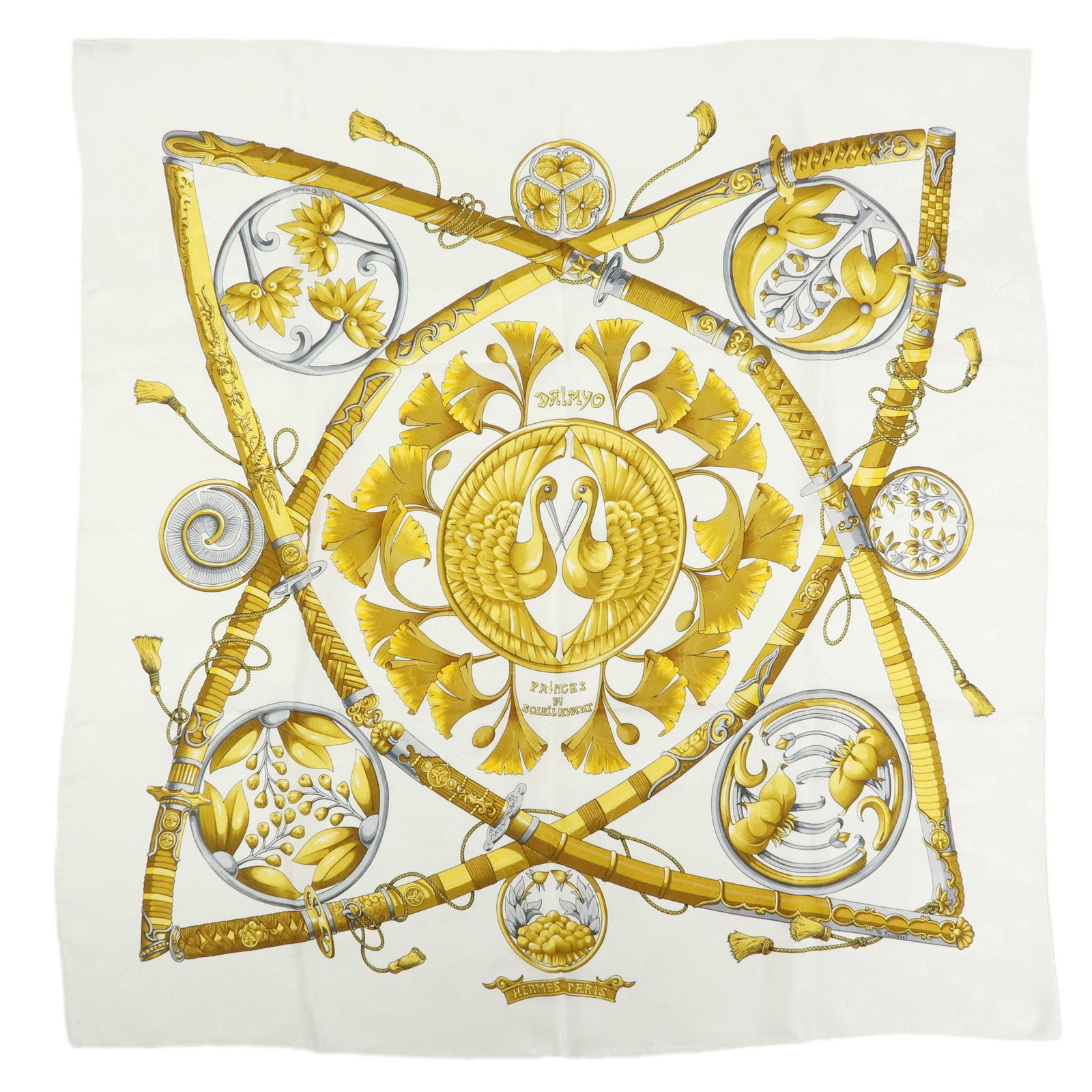 HERMES Carre 90 Silk 100% Scarf DAIMYO PRINCES DU SOLEIL LEVANT White