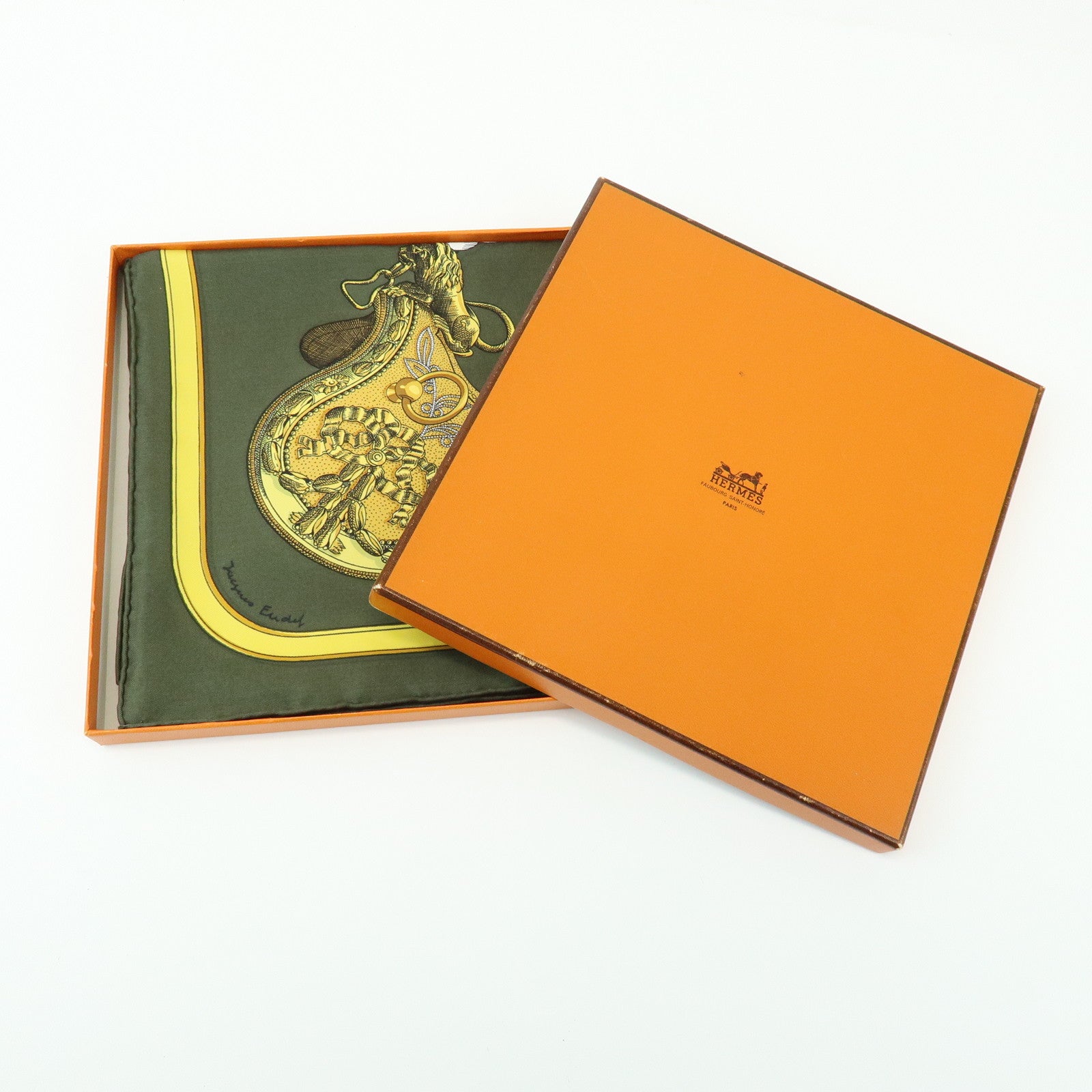 HERMES Carre 90 Silk 100% Scarf GRAND APPARAT Khaki Gold Green