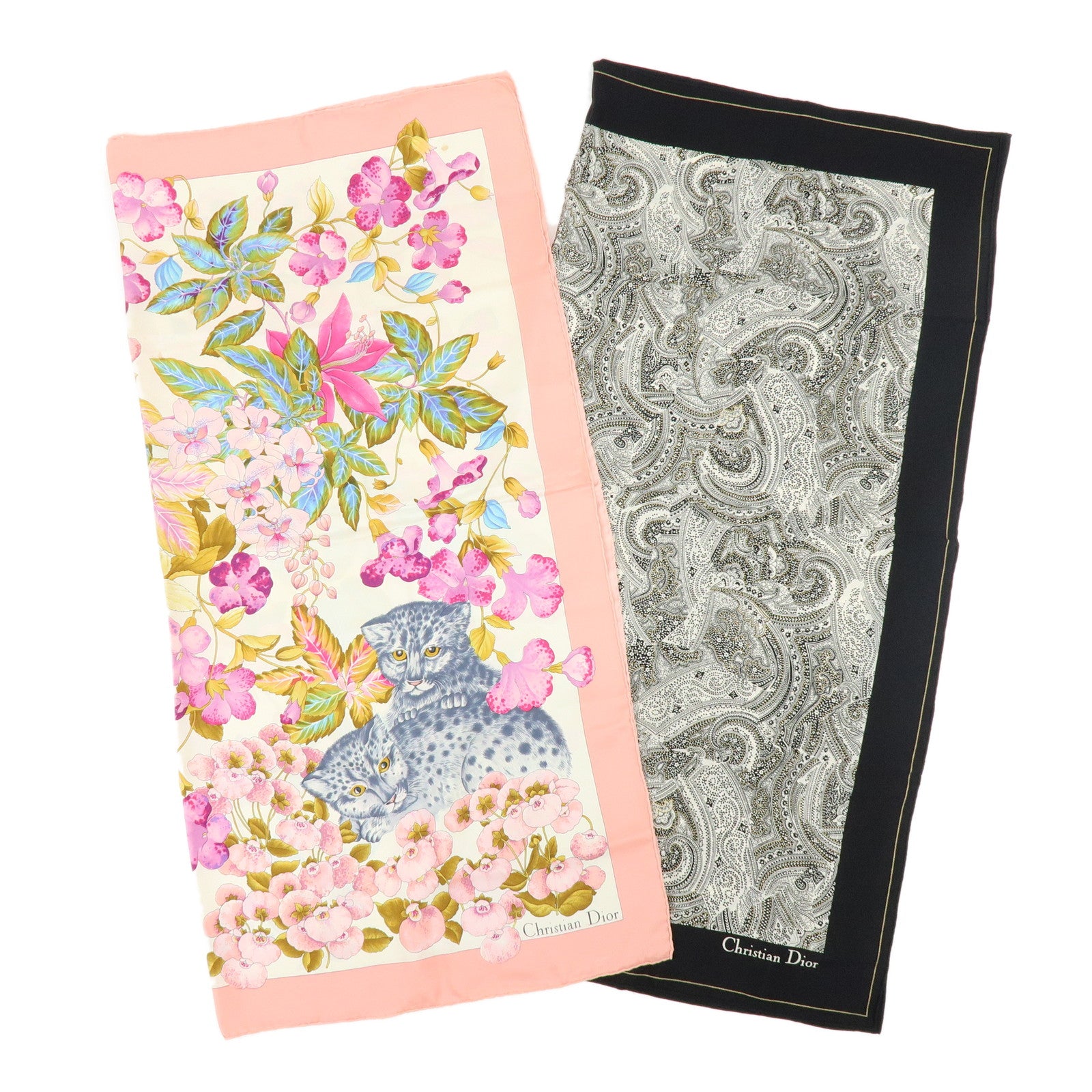 Christian Dior Set of 2 Silk 100% Scarf Flower Cat Paisley Pink Black