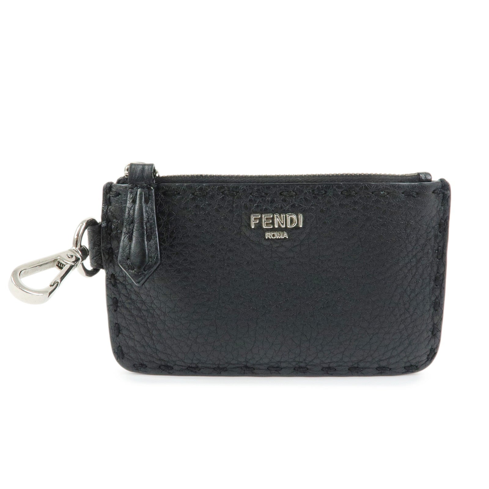 FENDI Selleria Calf Leather Card Case Coin Case Black 7M0343