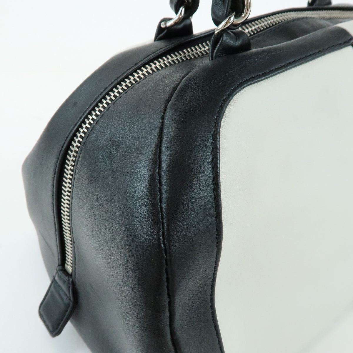 CHANEL COCO Mark Bicolor Lamb Skin Bowling Bag Hand Bag Black White