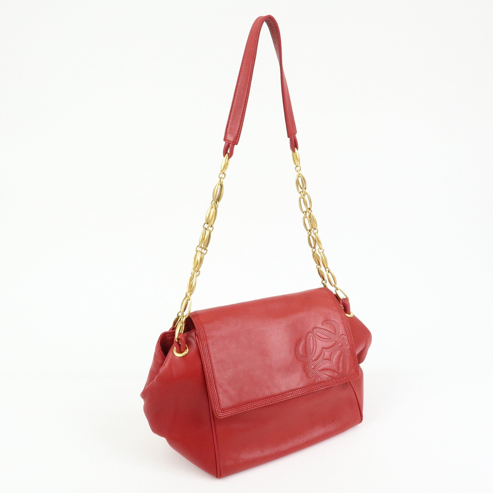LOEWE Anagram Nappa Leather Chain Shoulder Bag Red Gold