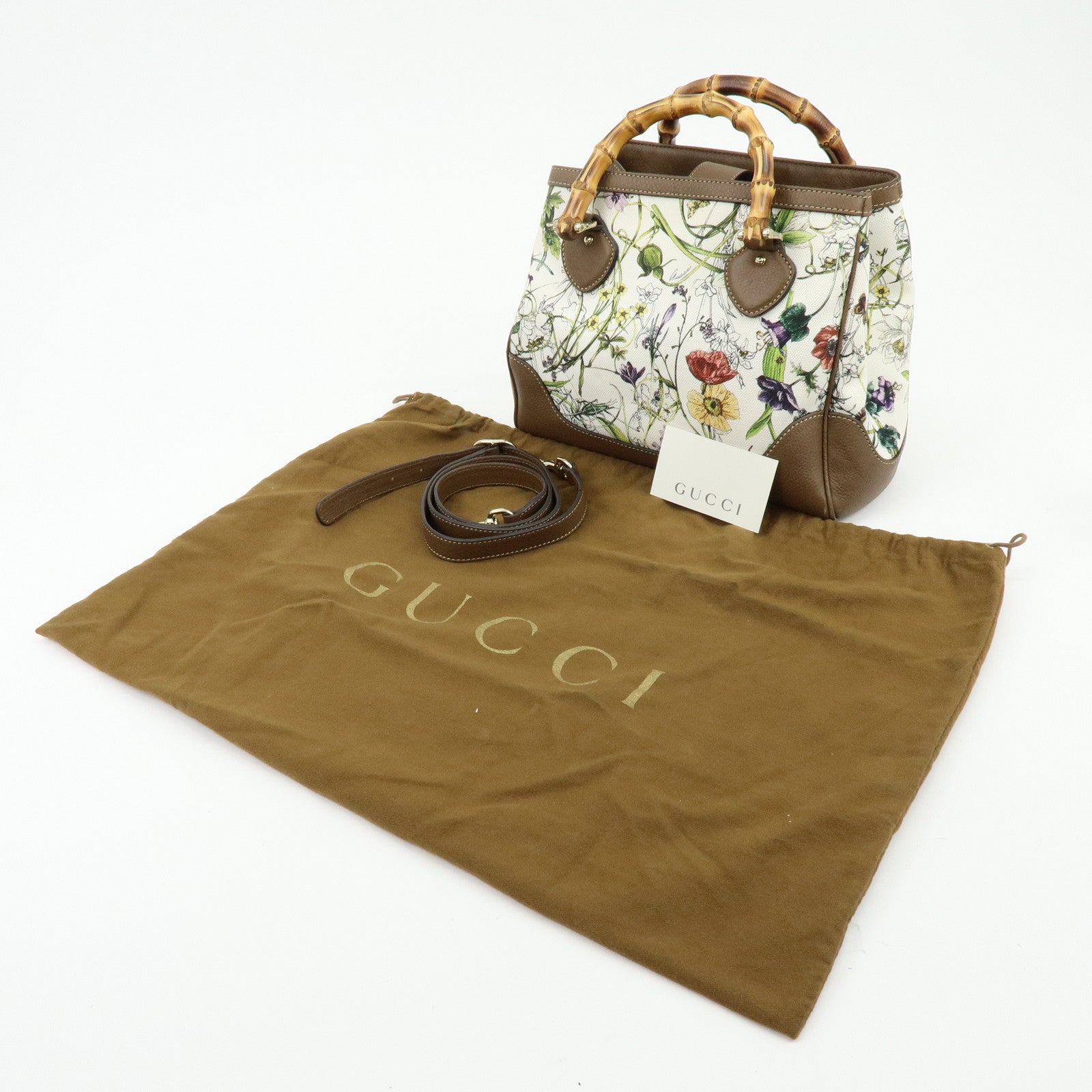 GUCCI Bamboo Canvas Leather 2Way Hand Bag Flower Print Brown 308360