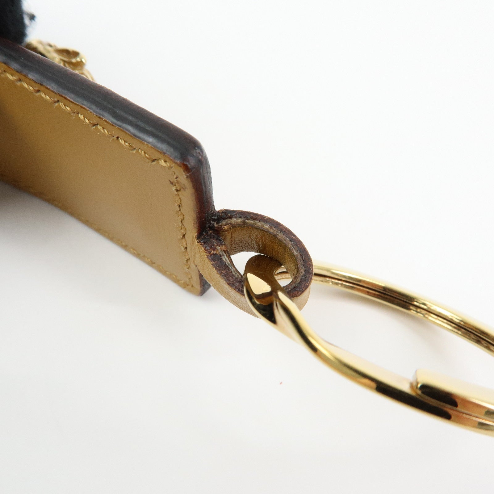 GUCCI Tiger Head Leather Metal Bag Charm Key Holder Brown Gold