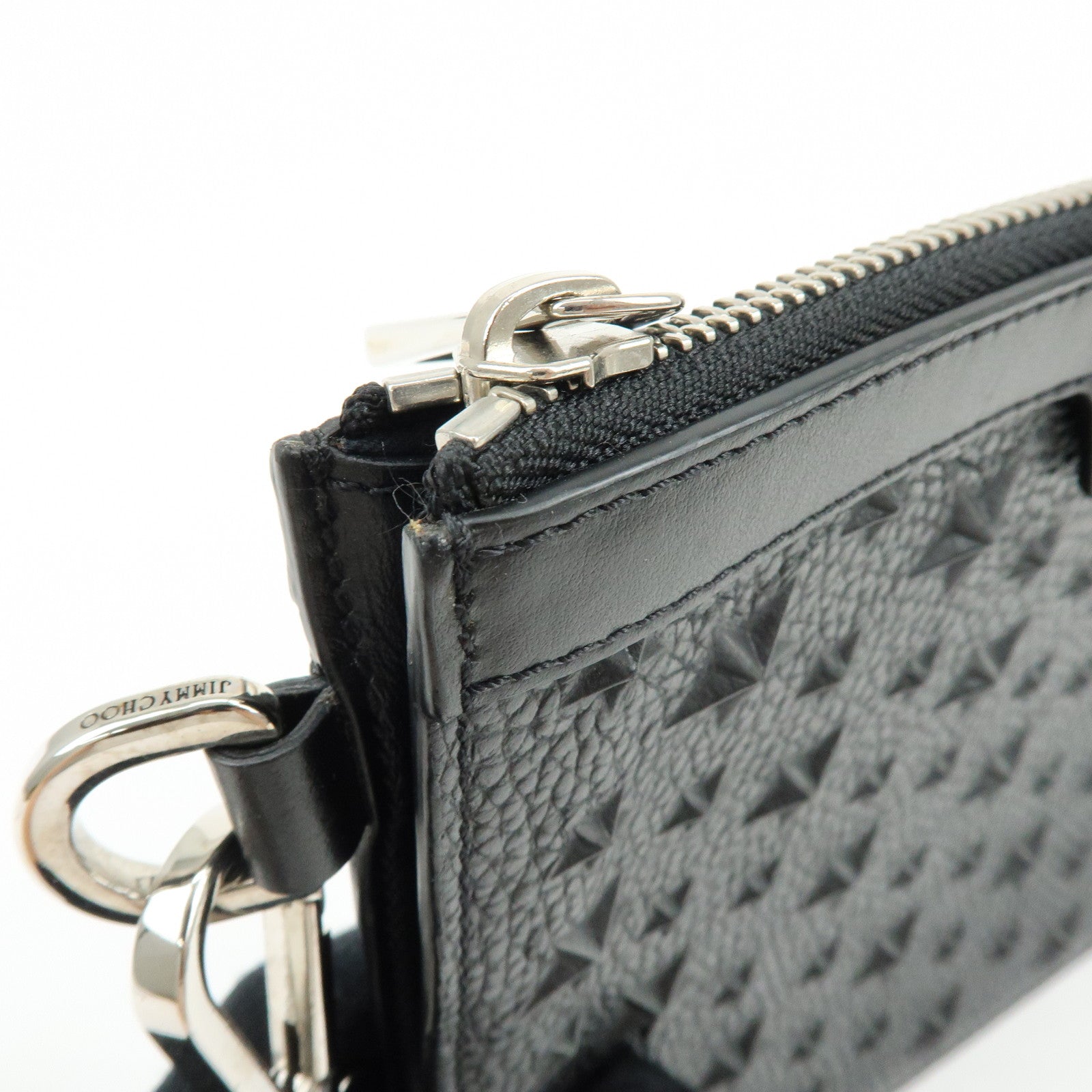 JIMMY CHOO Leather Star Embossed Studs Clutch Bag  Wristlet Pouch Black