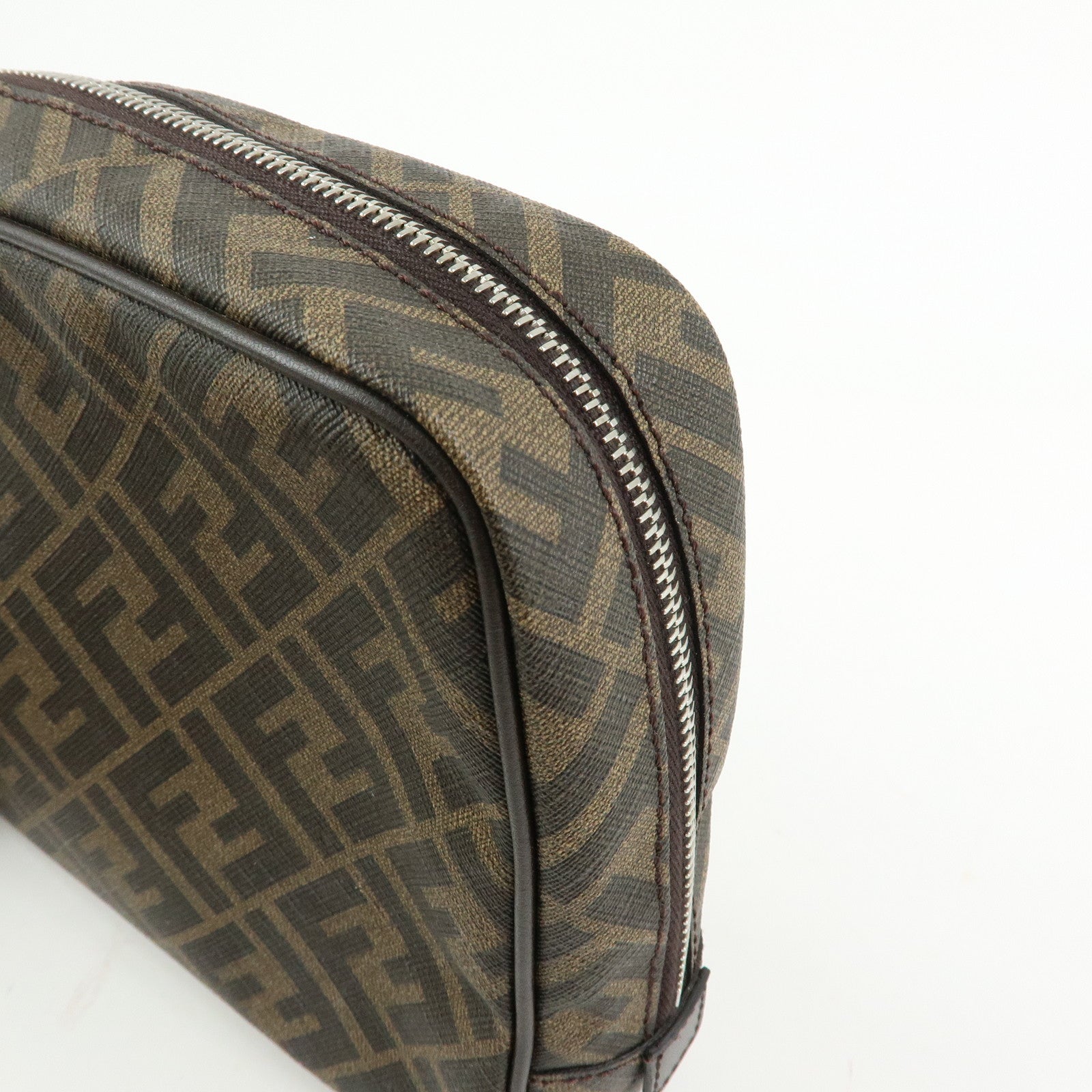 FENDI ZUCCA PVC Leather Clutch Bag Pouch Brown Black 7N0116