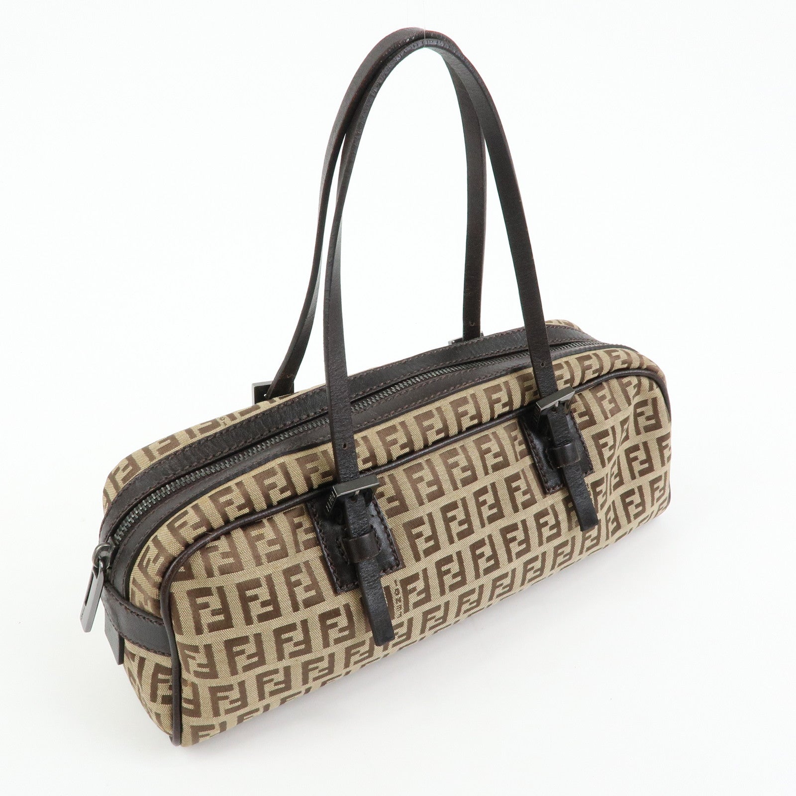 FENDI Zucchino Canvas Leather Mini Boston Hand Bag Beige Brown 8BL007