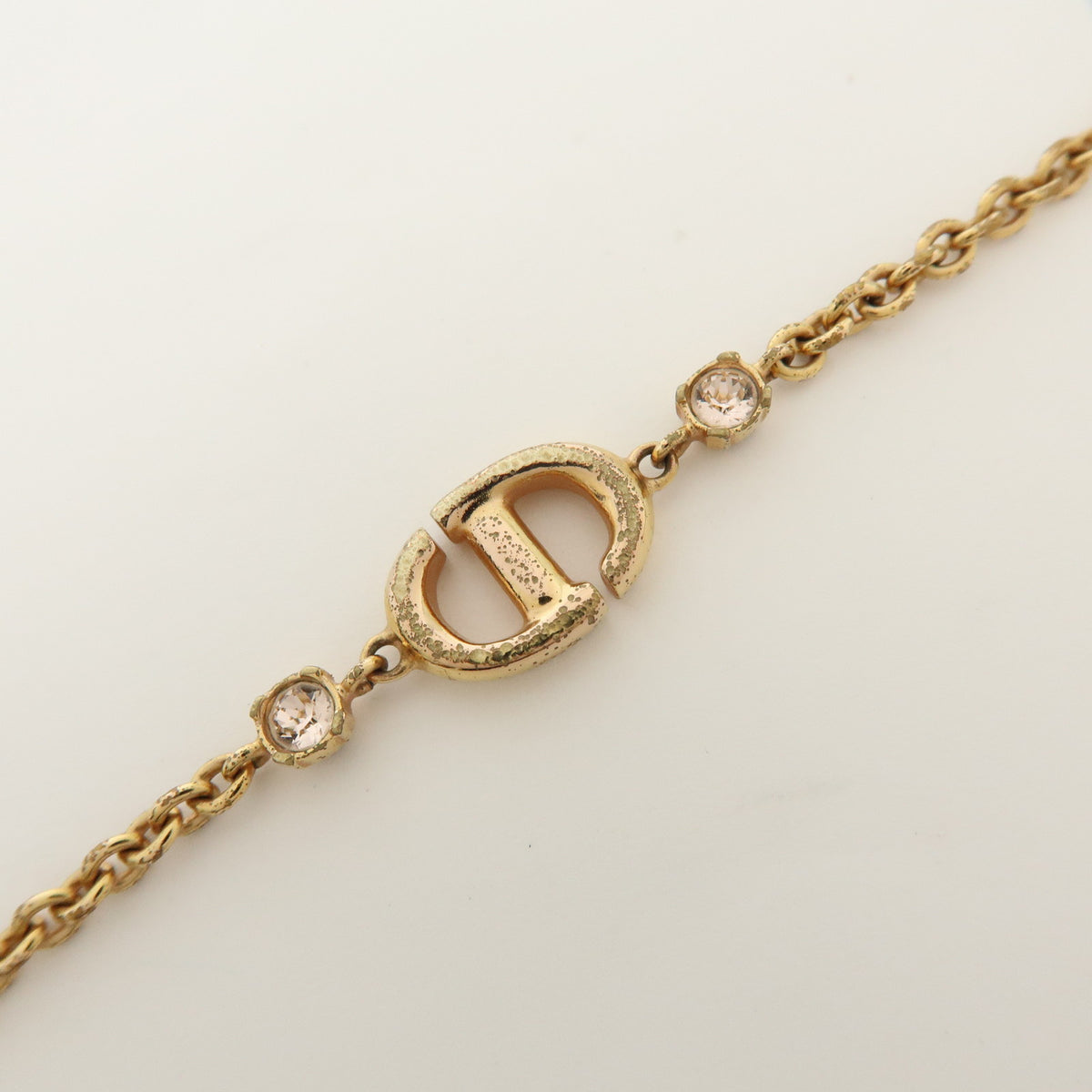 Christian Dior CD Logo Rhinestone Metal Necklace Pink Gold