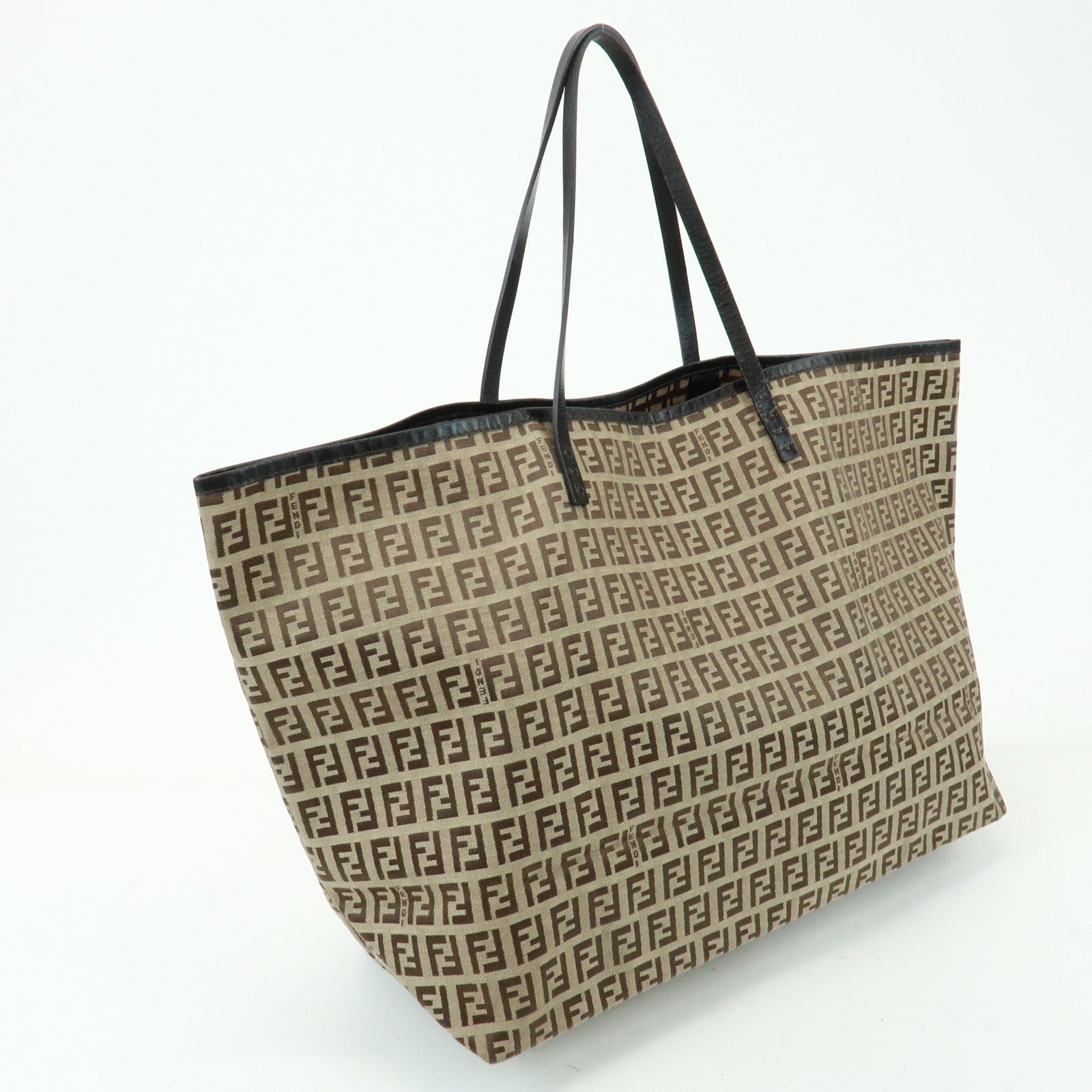 FENDI Zucchino Canvas Leather Tote Bag Shoulder Bag Brown