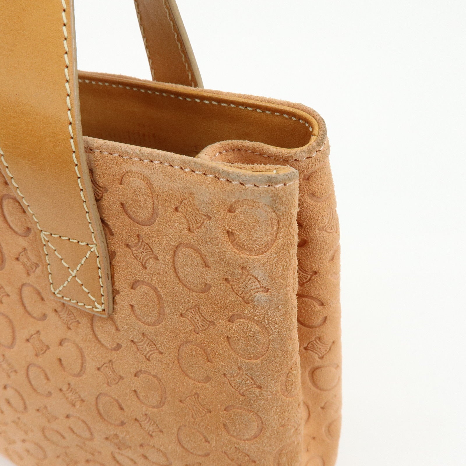 CELINE C Macadam Suede Leather Hand Bag Tote Bag Orange Beige