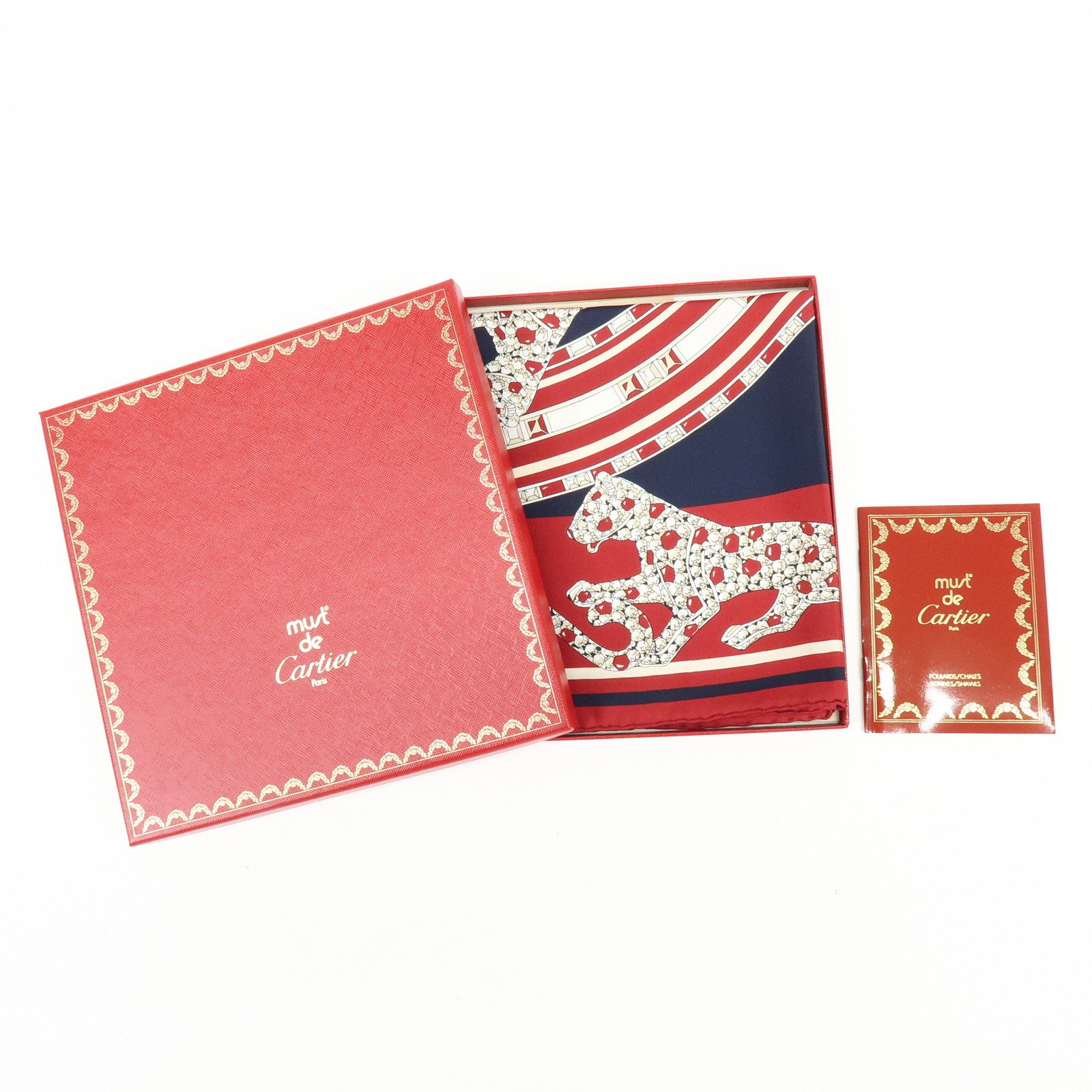 Cartier Must de Cartier Silk 100% Tiger Print Scarf Showl Red Navy