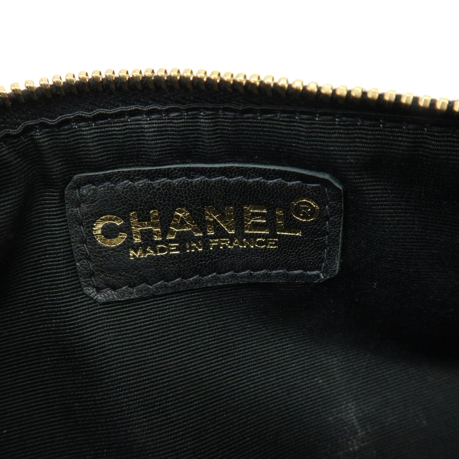 CHANEL COCO Mark Chocolate Bar Lamb Skin Cosmetic Pouch Black Gold