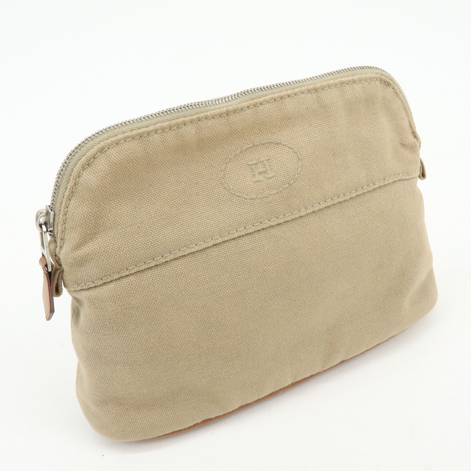 HERMES Bolide Mini Cotton Leather Canvas Pouch Cosmetic Pouch Beige