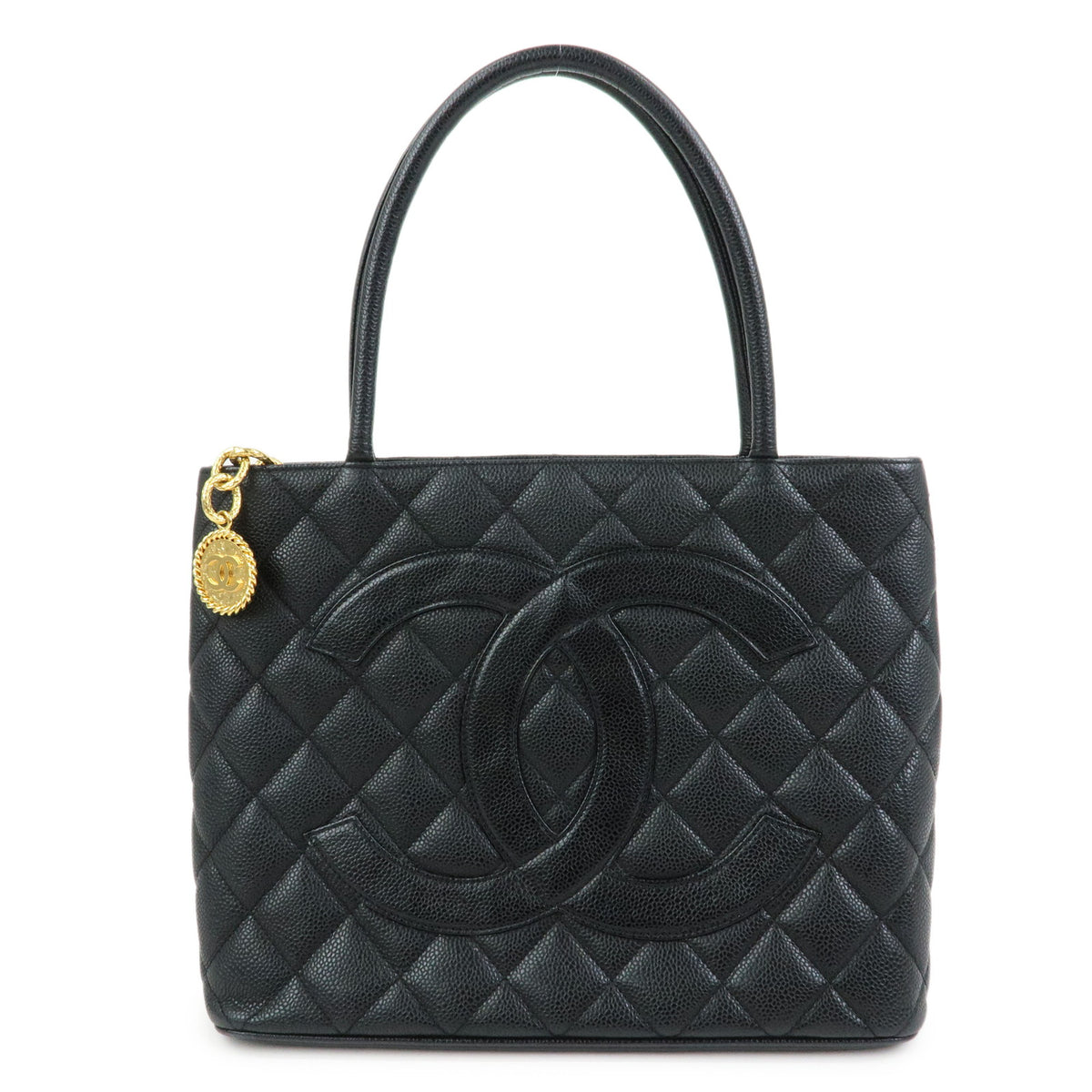 CHANEL Matelasse COCO Mark Caviarskin Medallion Tote Bag Black A01804