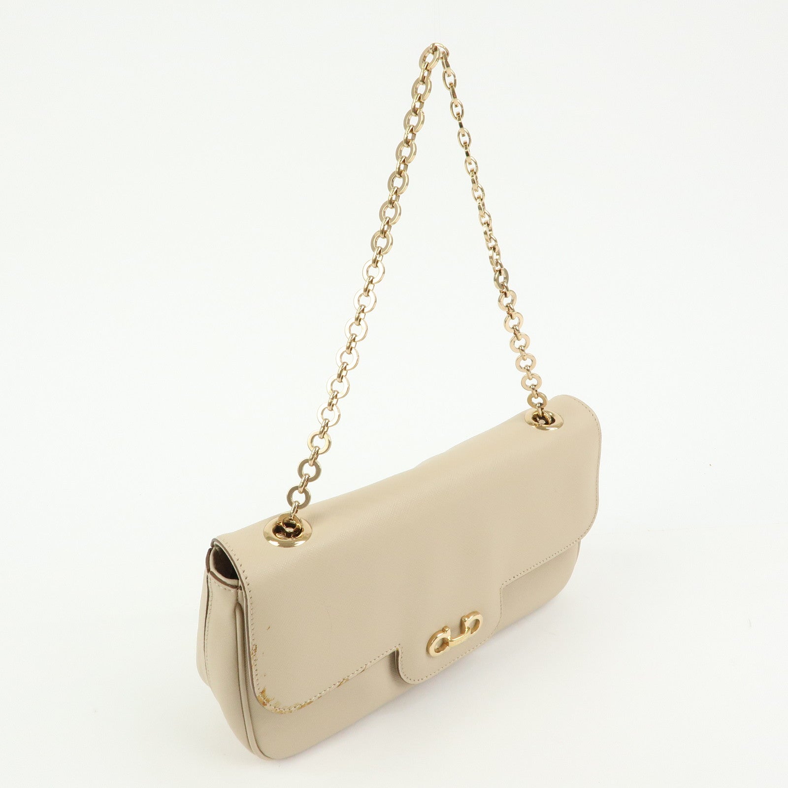 Ferragamo Gancini Leather Chain Shoulder Bag Hand Bag Light Beige