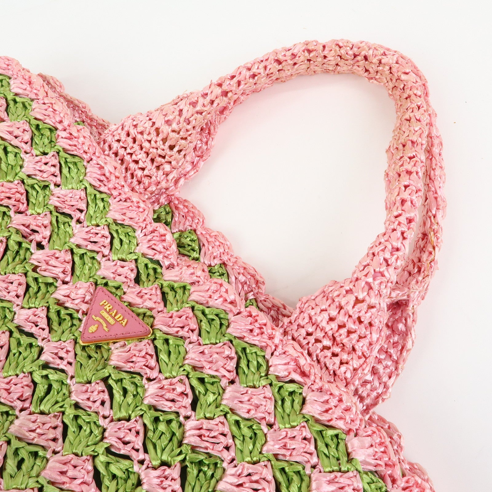 PRADA Triangle Logo Canapa Raffia Tote Bag Hand Bag Pink Green