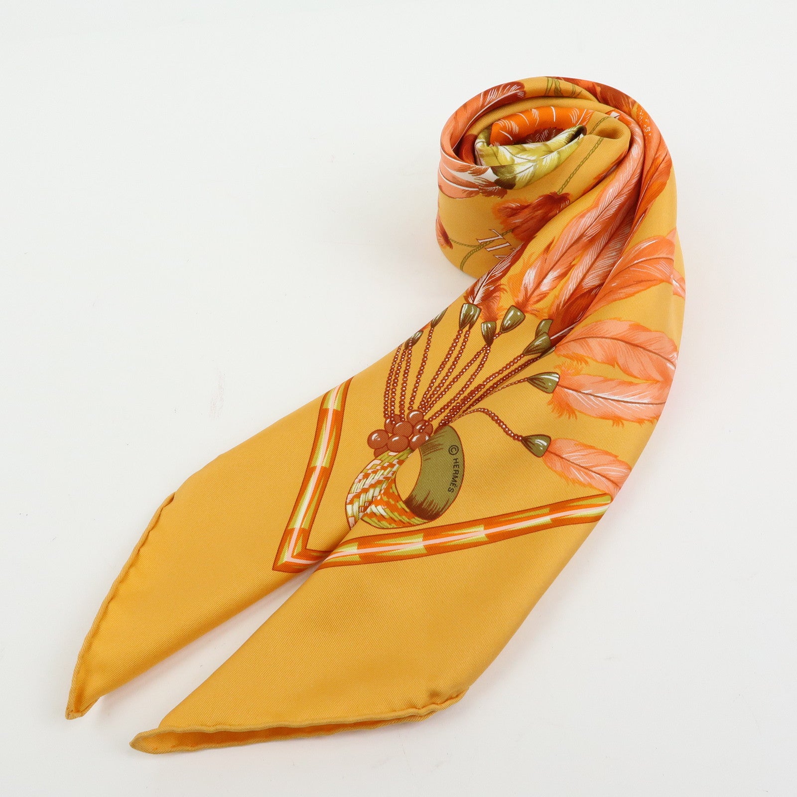 HERMES Carre 90 Silk 100% Scarf BRAZIL Orange Khaki