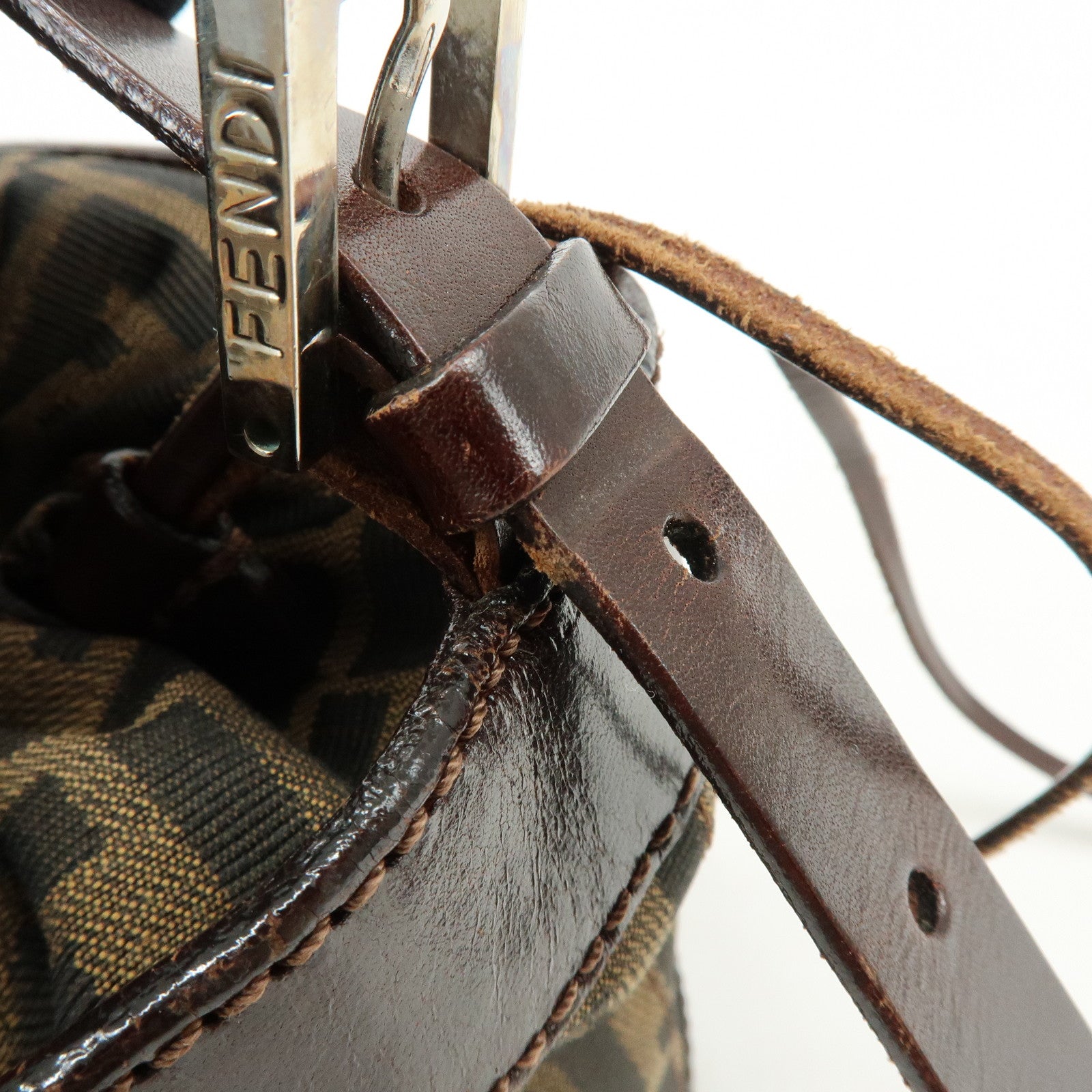 FENDI Zucca Canvas Leather Hand Bag Bucket Bag Brown 16325