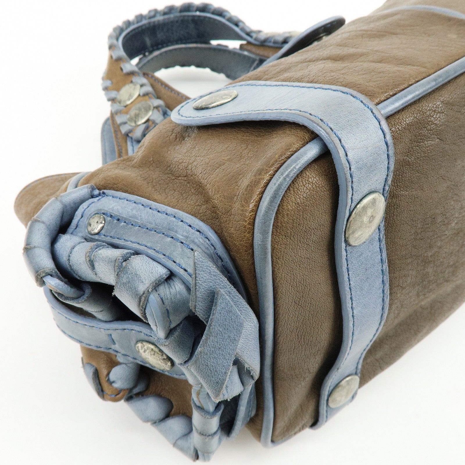 Chloe Silverado Leather Hand Bag Tote Bag Blaided Studs Brown Blue
