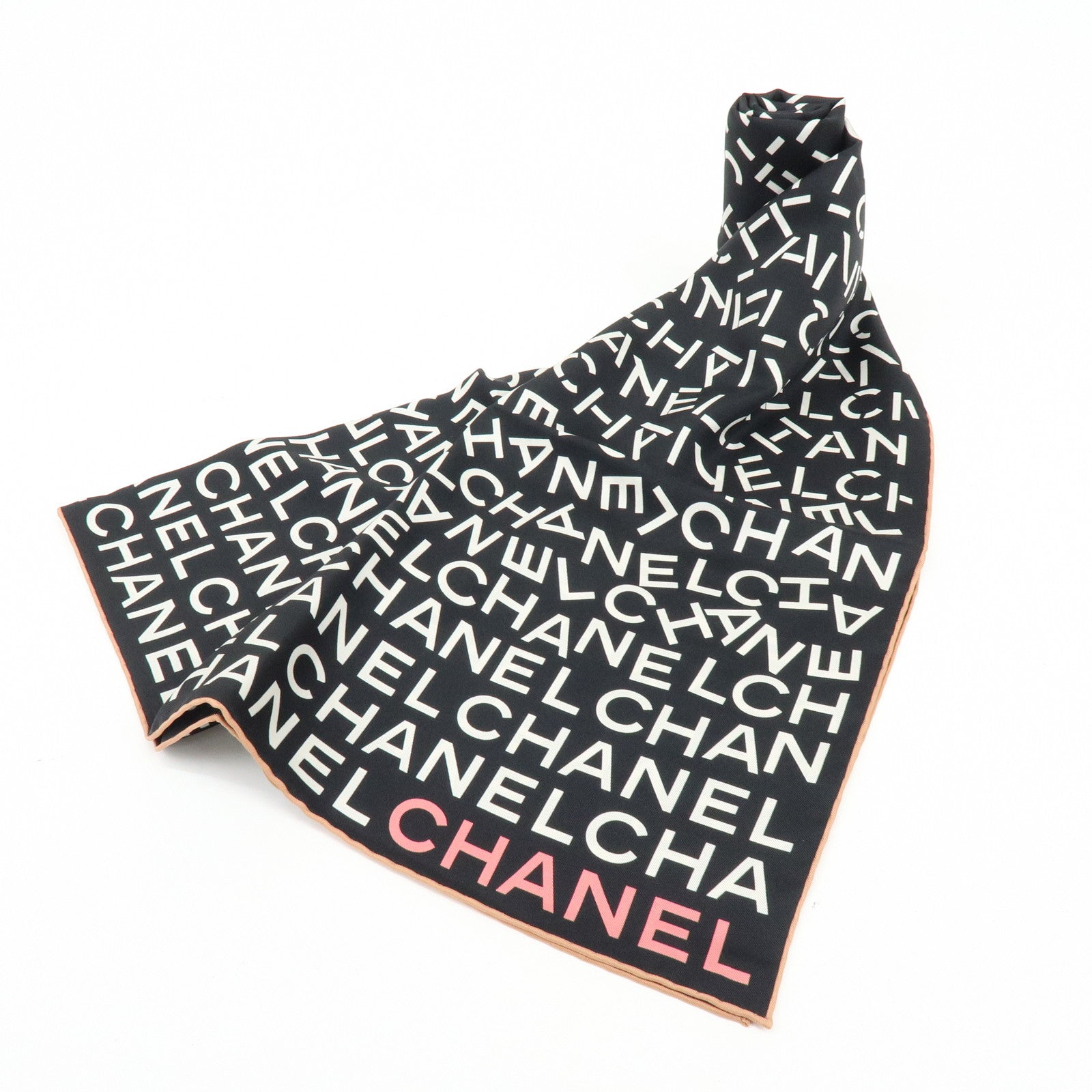 CHANEL COCO Mark Silk 100% Scarf CHANEL Lettering Gradation Black Pink