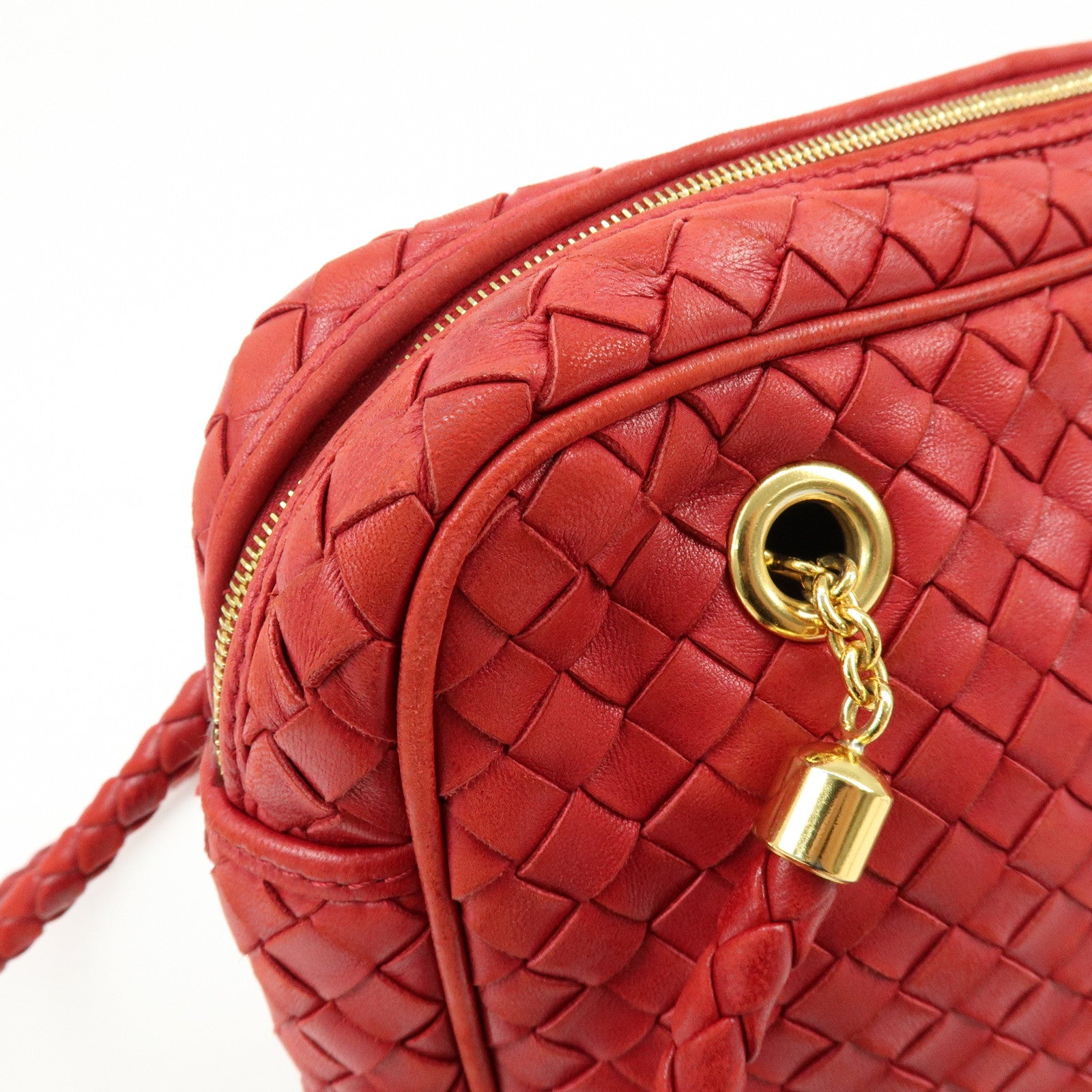 BOTTEGA VENETA Intrecciato Leather Shoulder Bag Tassel Red
