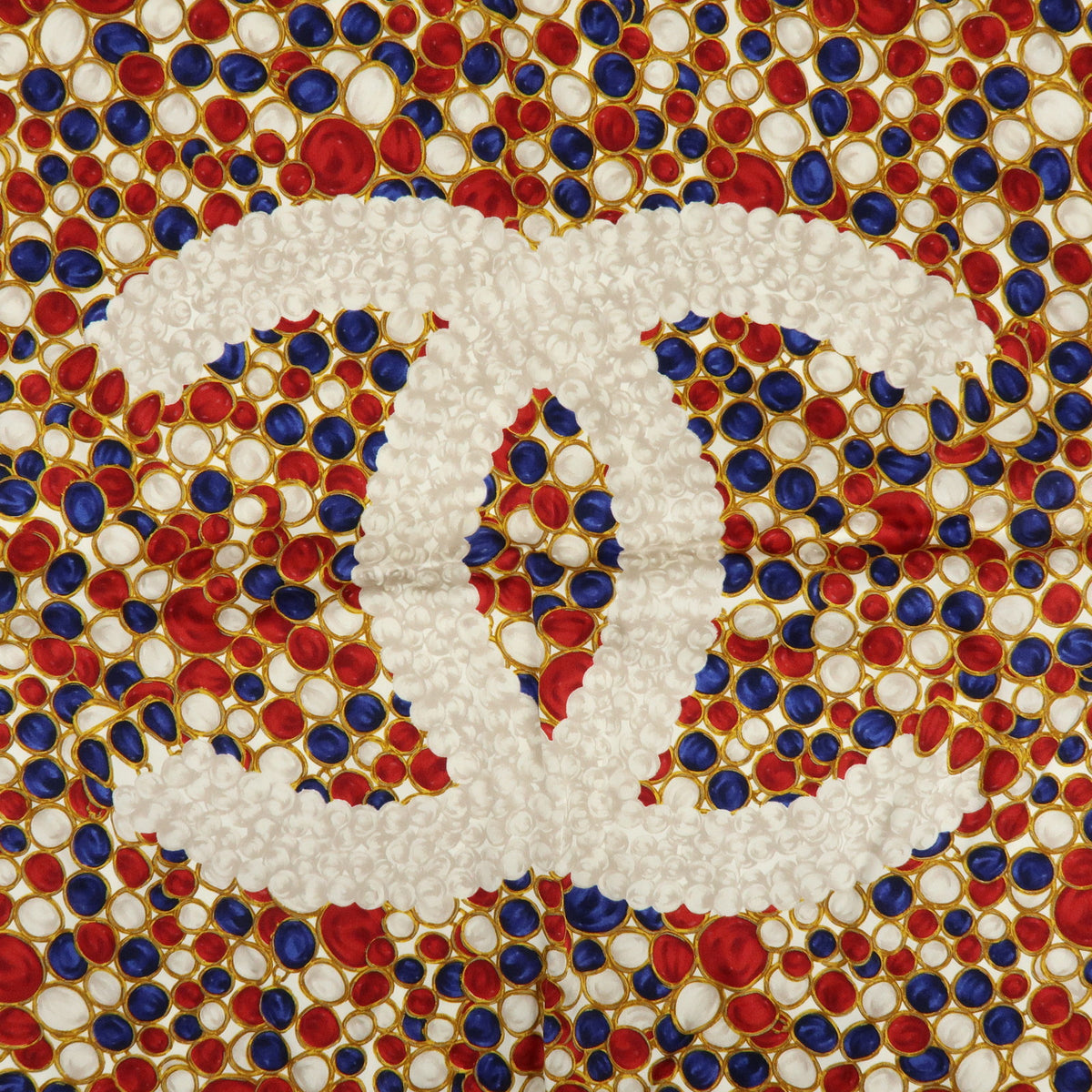 CHANEL COCO Mark Silk 100% Scarf Pearl Jewerly Motif White Red Blue