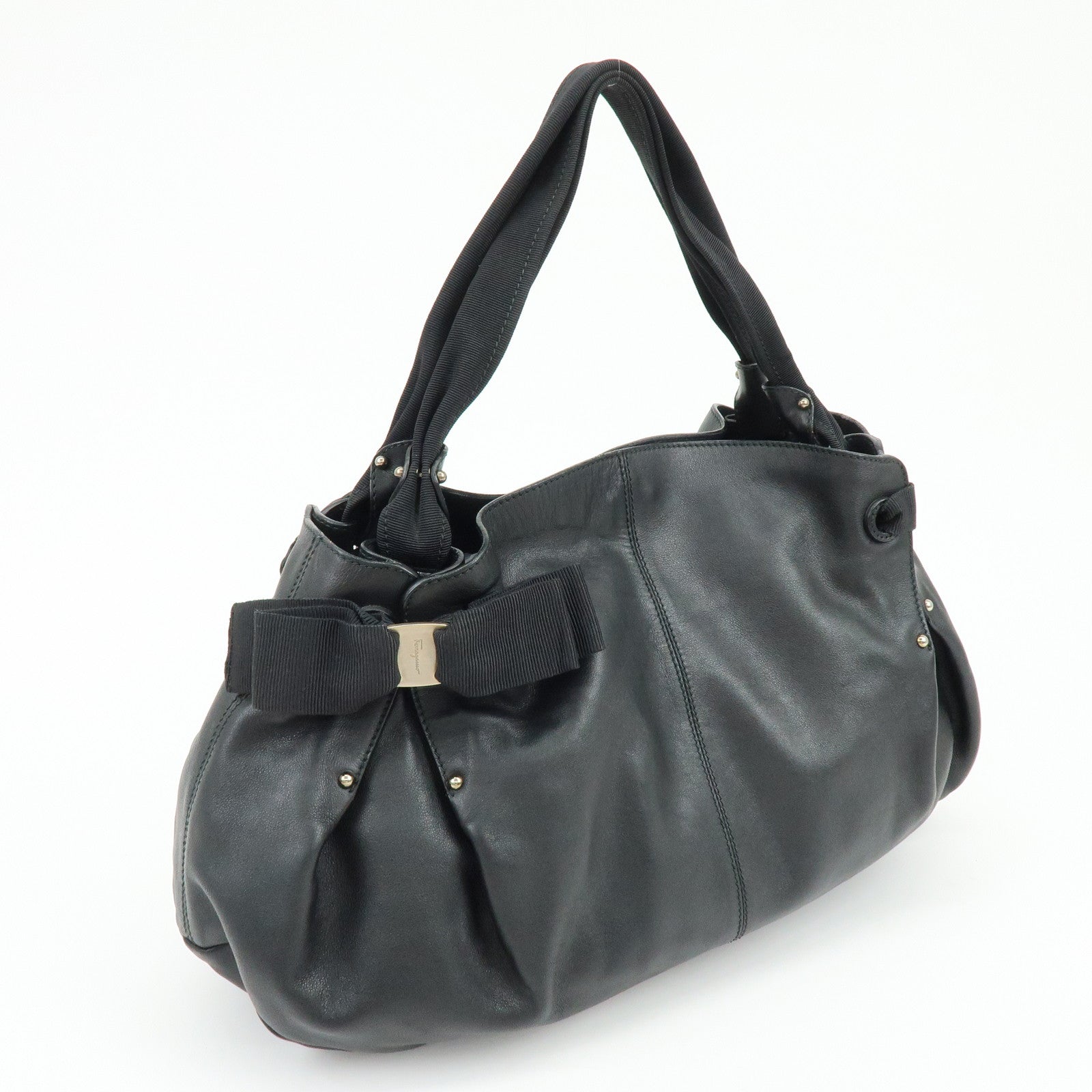 Ferragamo Vara Ribbon Leather Tote Bag Hand Bag Black