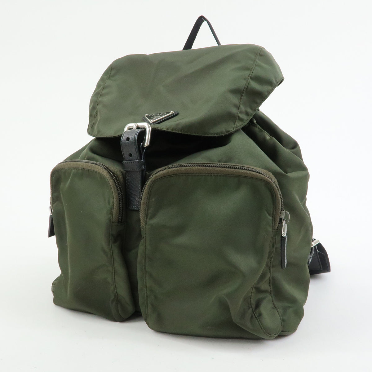 PRADA Triangle Logo Nylon Saffiano Leather Backpack Khaki 1BZ005