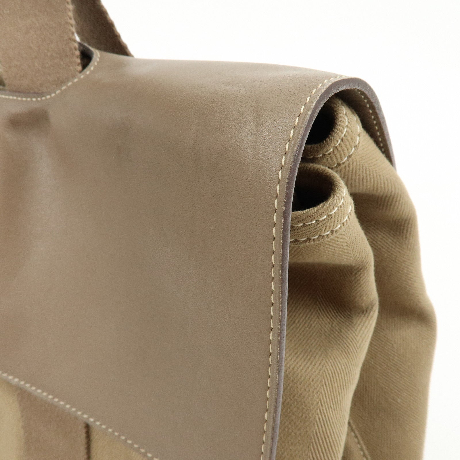 HERMES Valparaiso Toile Chevron Leather MM Hand Tote Bag Beige