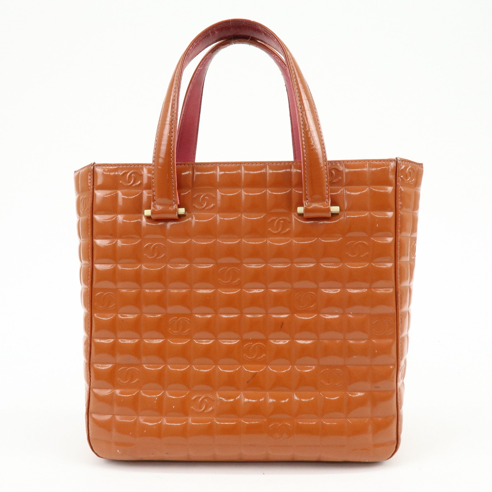 CHANEL Chocolate Bar COCO Mark Patent Leather Hand Bag Tote Bag Orange