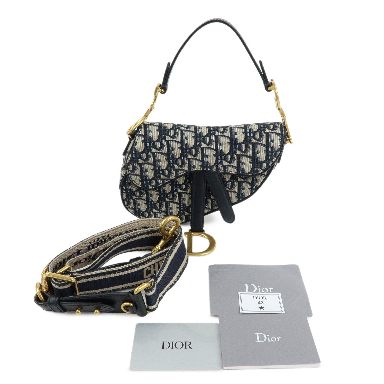 Christian Dior Saddle Bag Oblique Mini Jaquard Leather 2Way Bag Navy