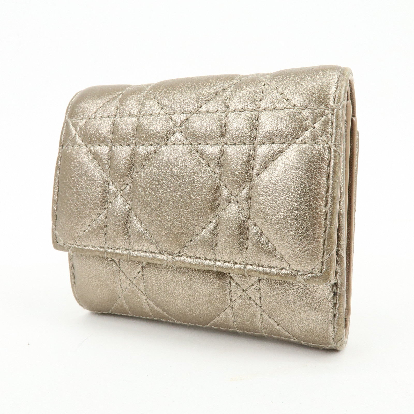 Christian Dior Lady Dior Cannage Leather Lotus Compact Wallet Beige