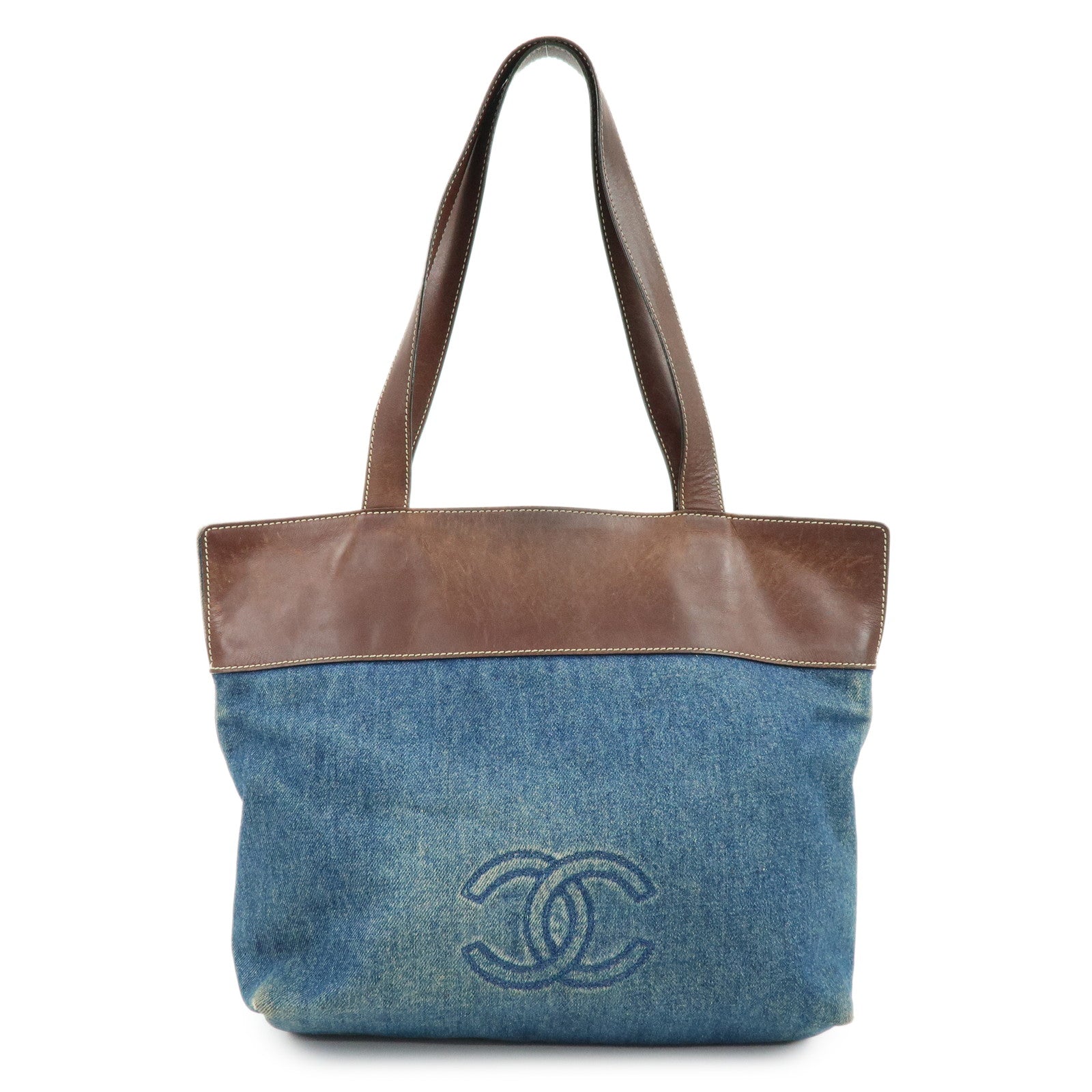CHANEL COCO Mark Denim Leather Tote Shoulder Bag Blue Brown