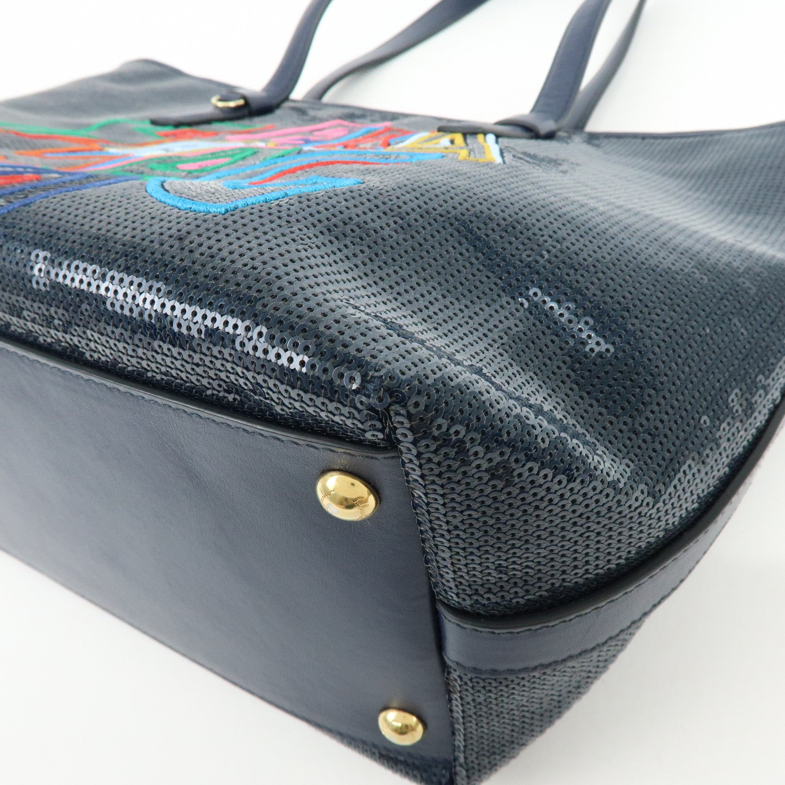 Ferragamo Gancini Sequin Leather Tote Bag Hand Bag Navy