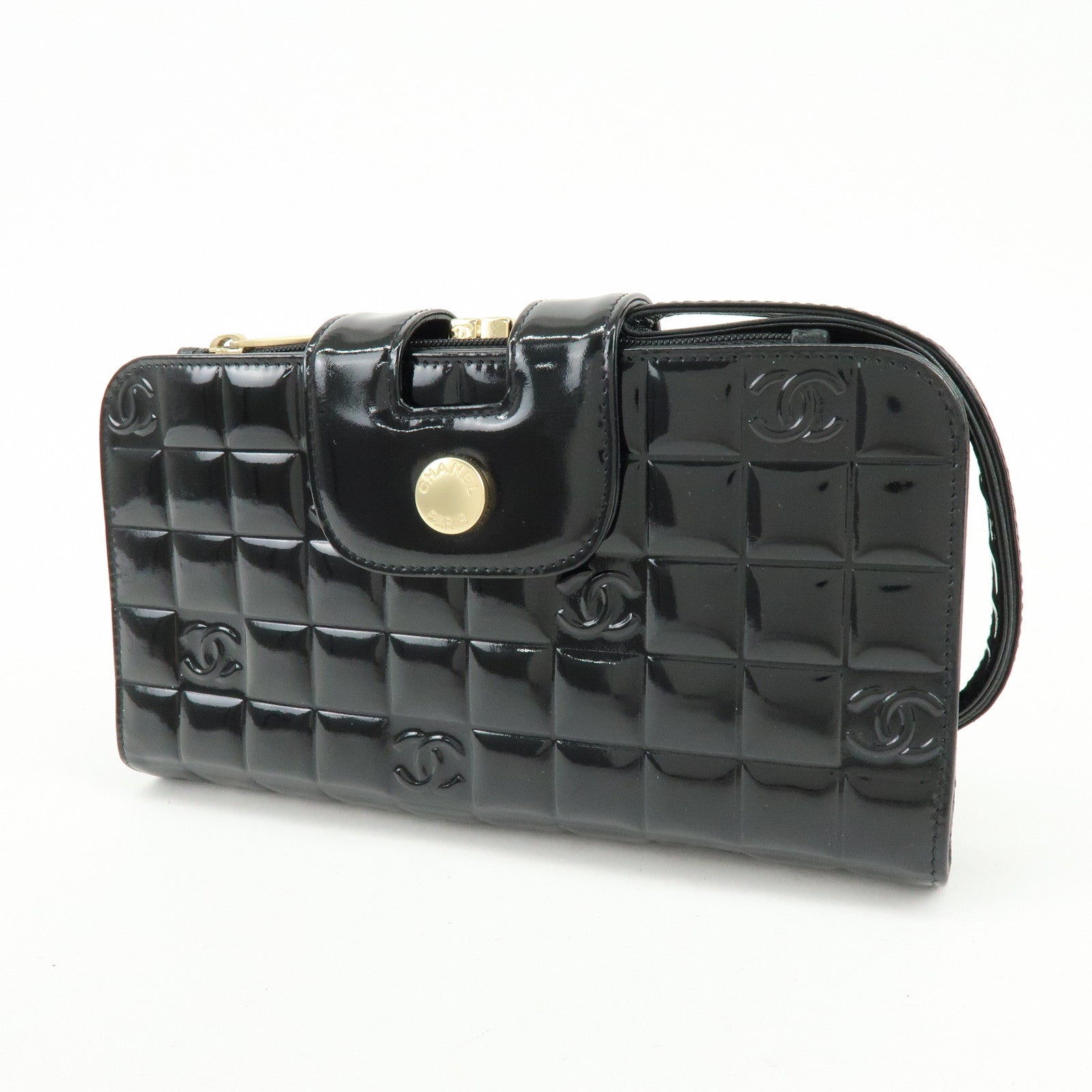 CHANEL COCO Mark Chocolate Bar Patent Leather Long Wallet Black