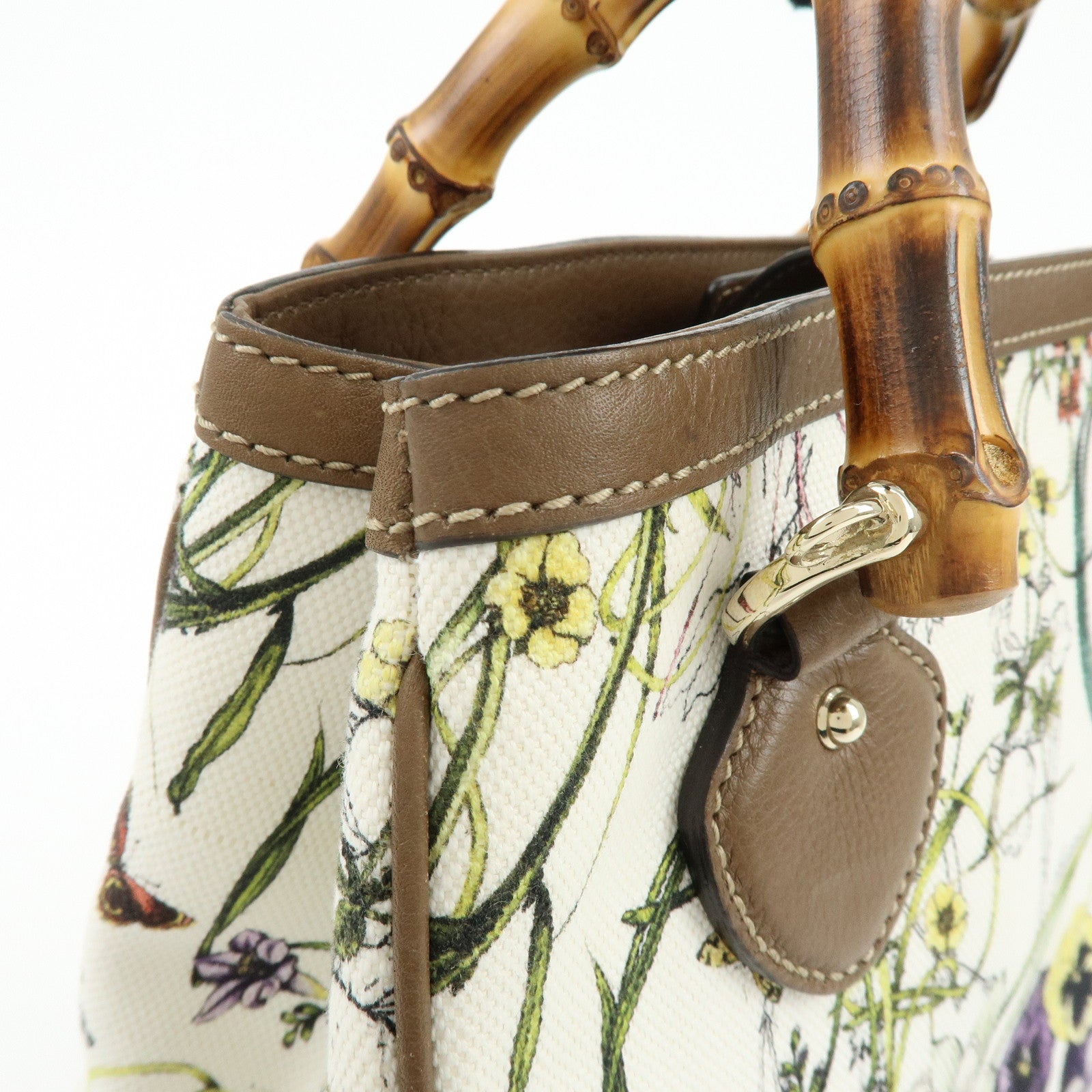 GUCCI Bamboo Canvas Leather 2Way Hand Bag Flower Print Brown 308360