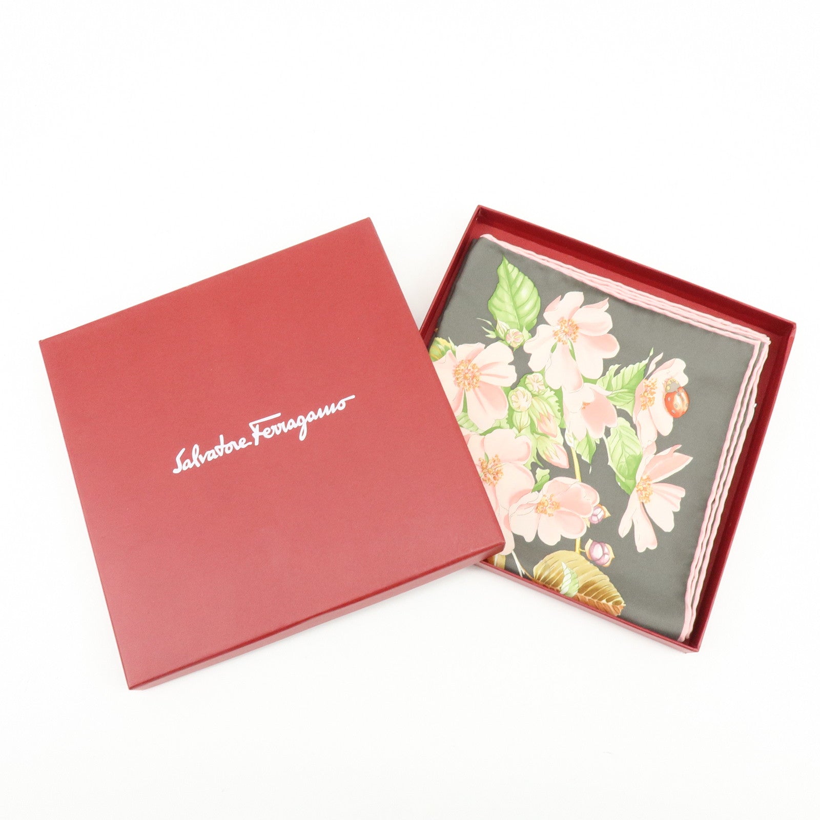 Ferragamo Silk100% Flower Print Scarf Shawl Gray Pink