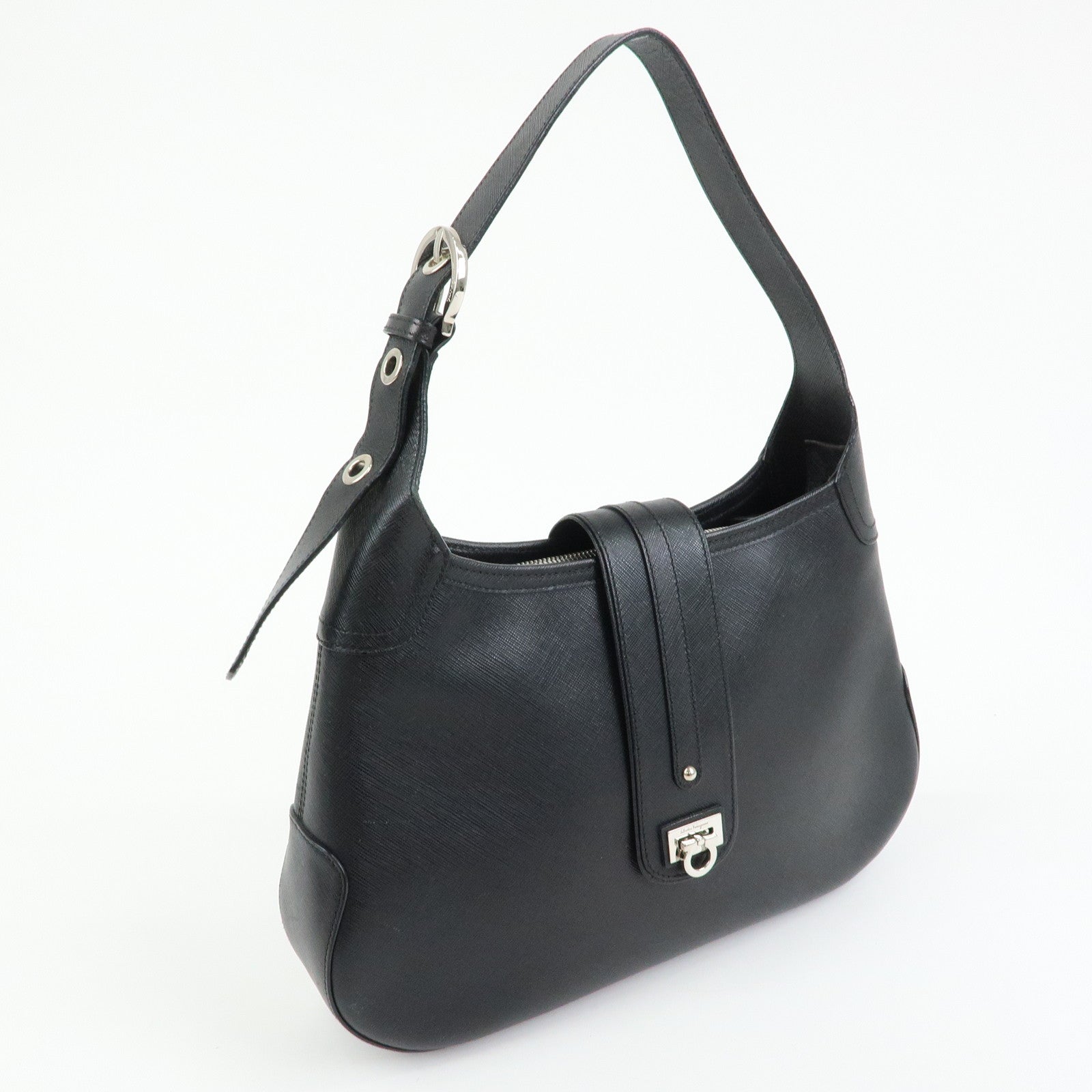 Ferragamo Gancini Leather Shoulder Bag Hand Bag Black